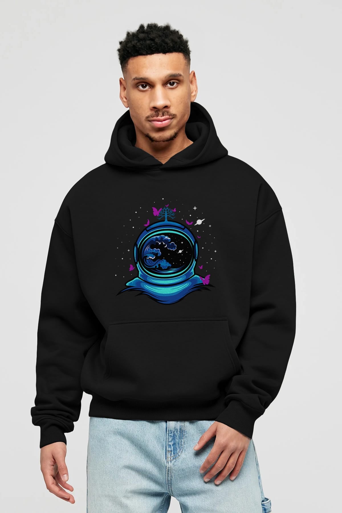 Astronaut and Butterfly Ön Baskılı Hoodie Oversize Kapüşonlu Sweatshirt Erkek Kadın Unisex