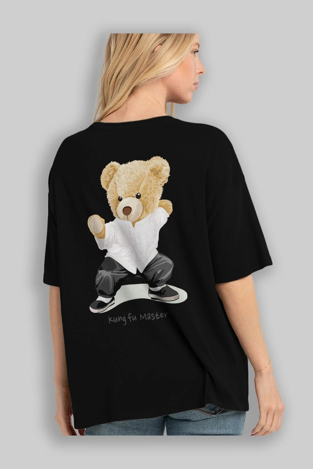 Teddy Bear Kung Fu Master Arka Baskılı Oversize t-shirt Erkek Kadın Unisex %100 Pamuk