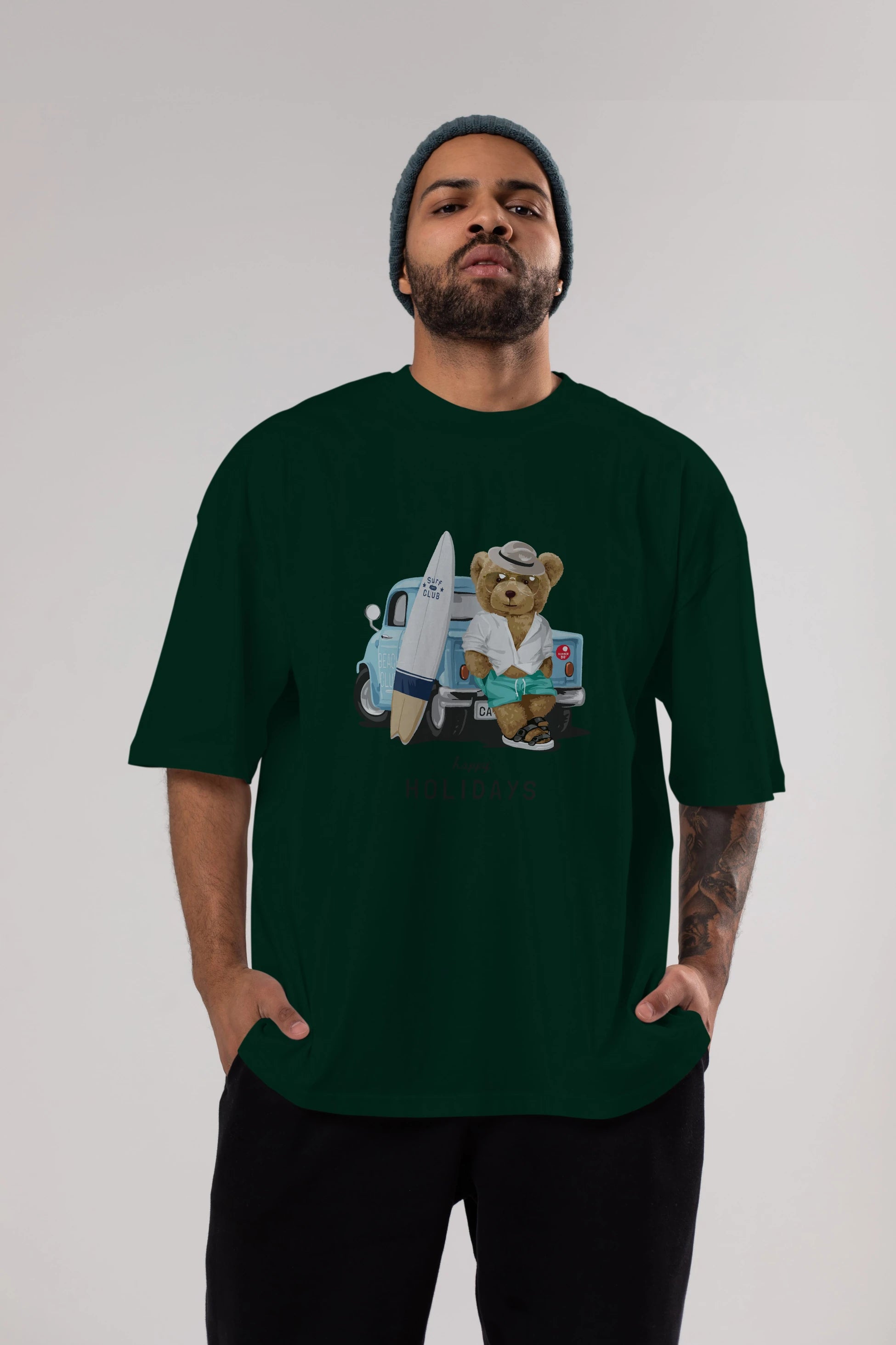 Teddy Bear Surf Club Ön Baskılı Oversize t-shirt Erkek Kadın Unisex %100 Pamuk