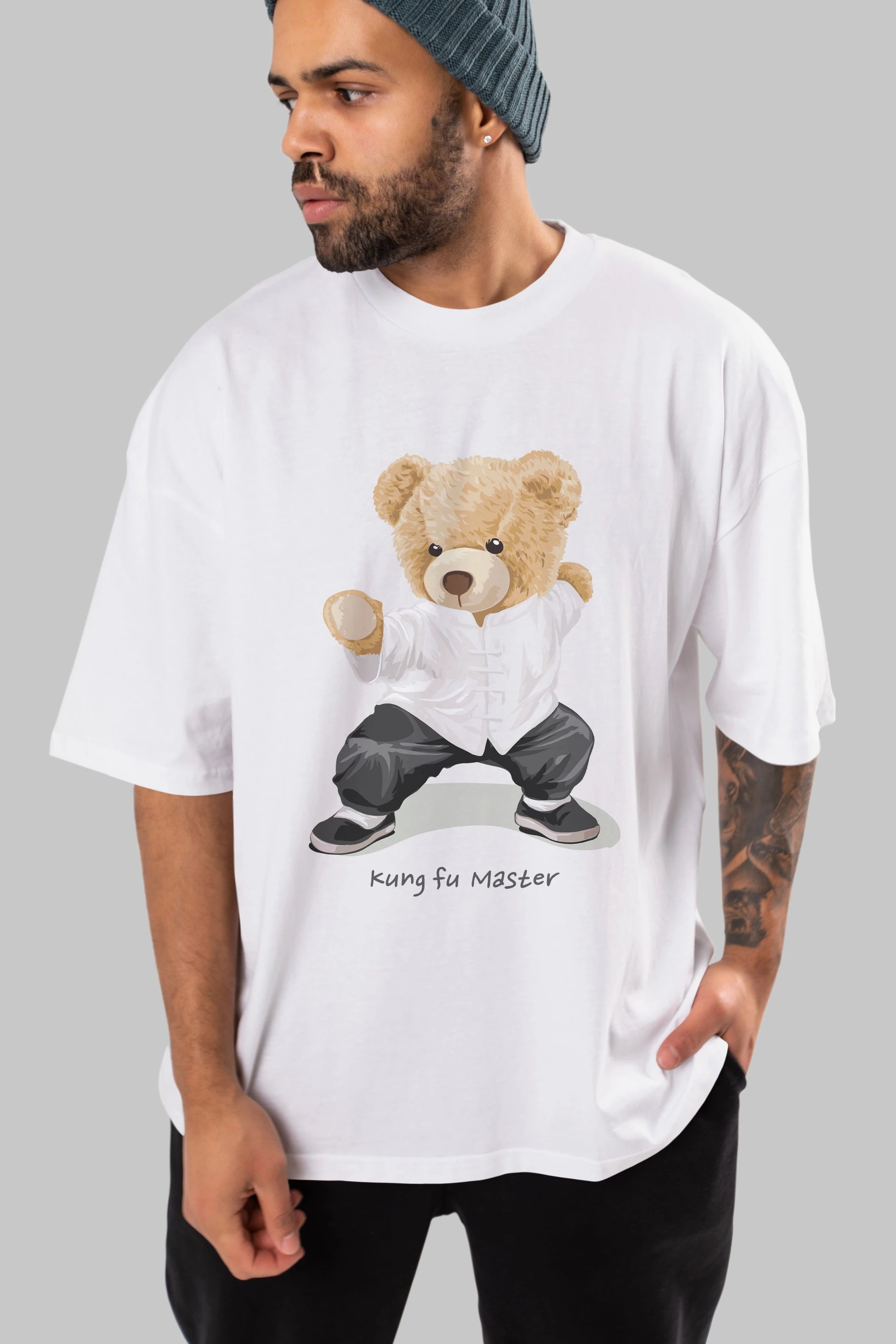 Teddy Bear Kung Fu Master Ön Baskılı Oversize t-shirt Erkek Kadın Unisex %100 Pamuk