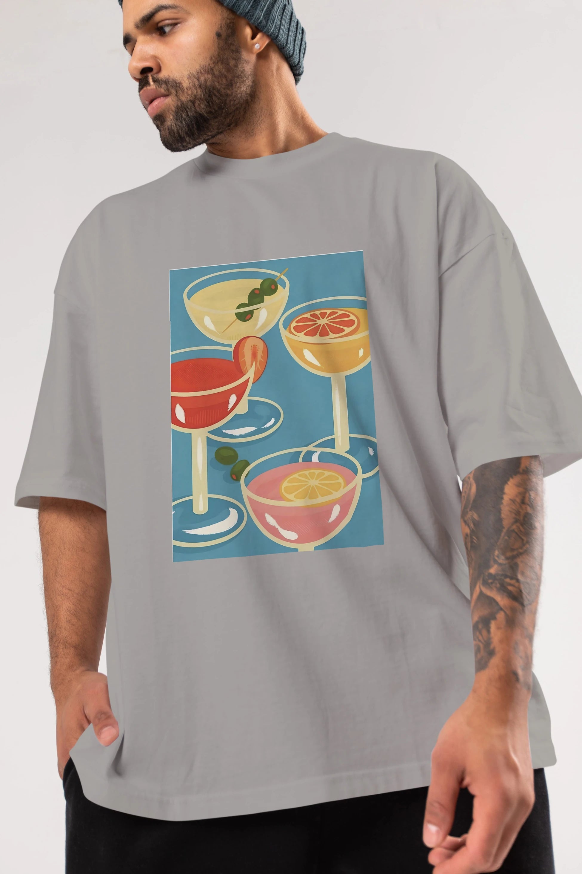Cocktails Ön Baskılı Oversize t-shirt Erkek Kadın Unisex %100 Pamuk Bisiklet Yaka tişort