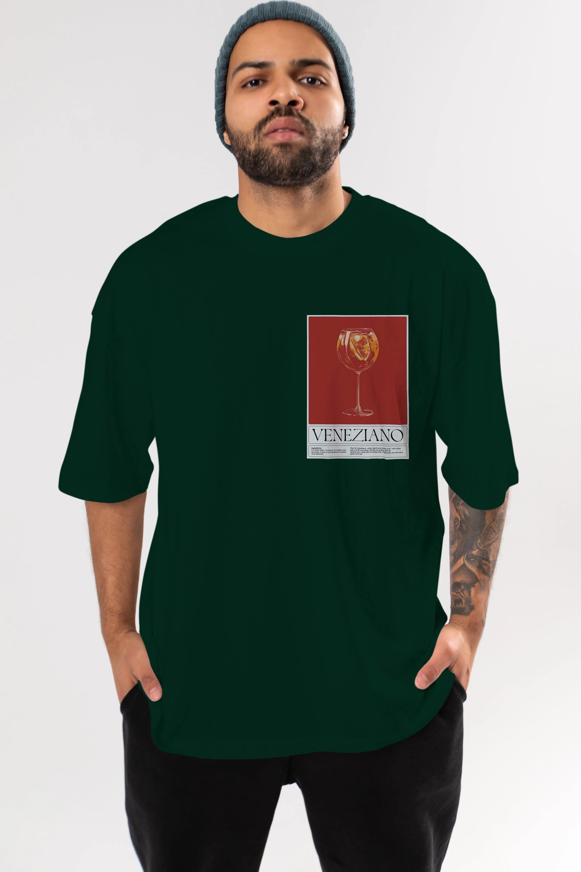 Veneziano Ön Sol Baskılı Oversize t-shirt Erkek Kadın Unisex %100 Pamuk Bisiklet Yaka tişort