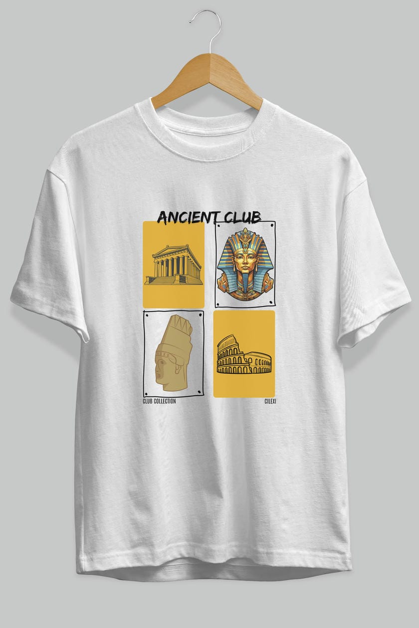 Ancient Club ön Baskılı Oversize t-shirt Erkek Kadın %100 Pamuk Bisiklet Yaka tişort