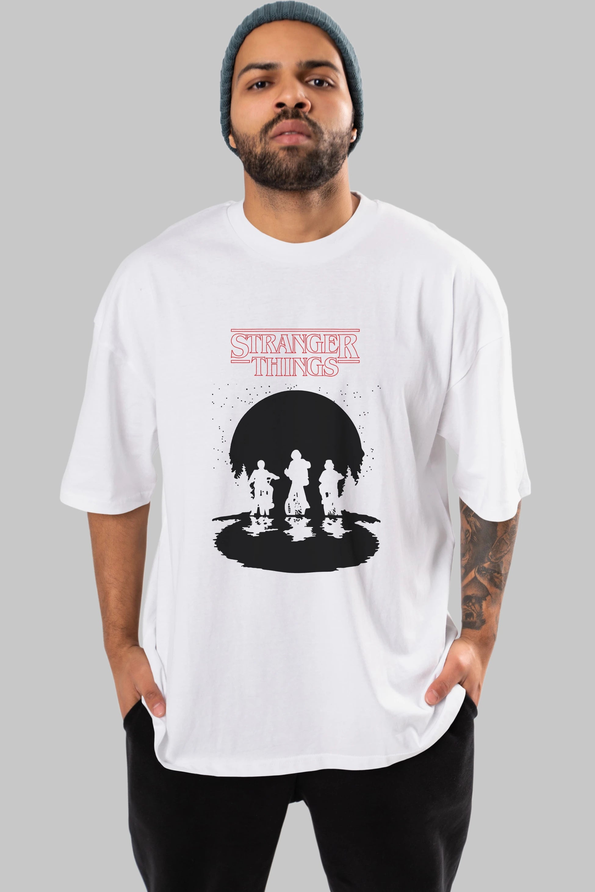 Stranger Things Ön Baskılı Oversize t-shirt Erkek Kadın Unisex %100 Pamuk Bisiklet Yaka tişort