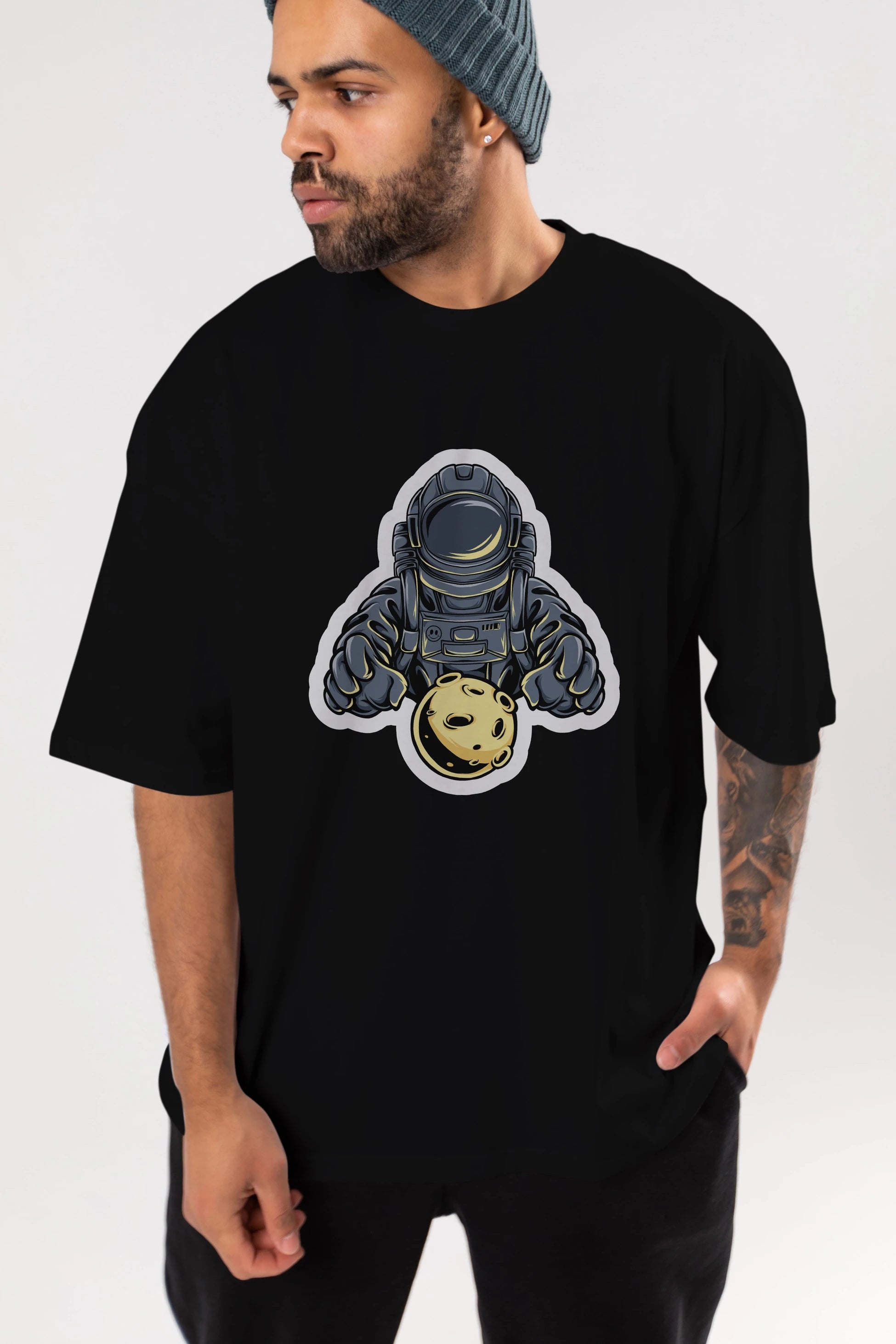 Astromoon sticker Ön Baskılı Oversize t-shirt Erkek Kadın Unisex