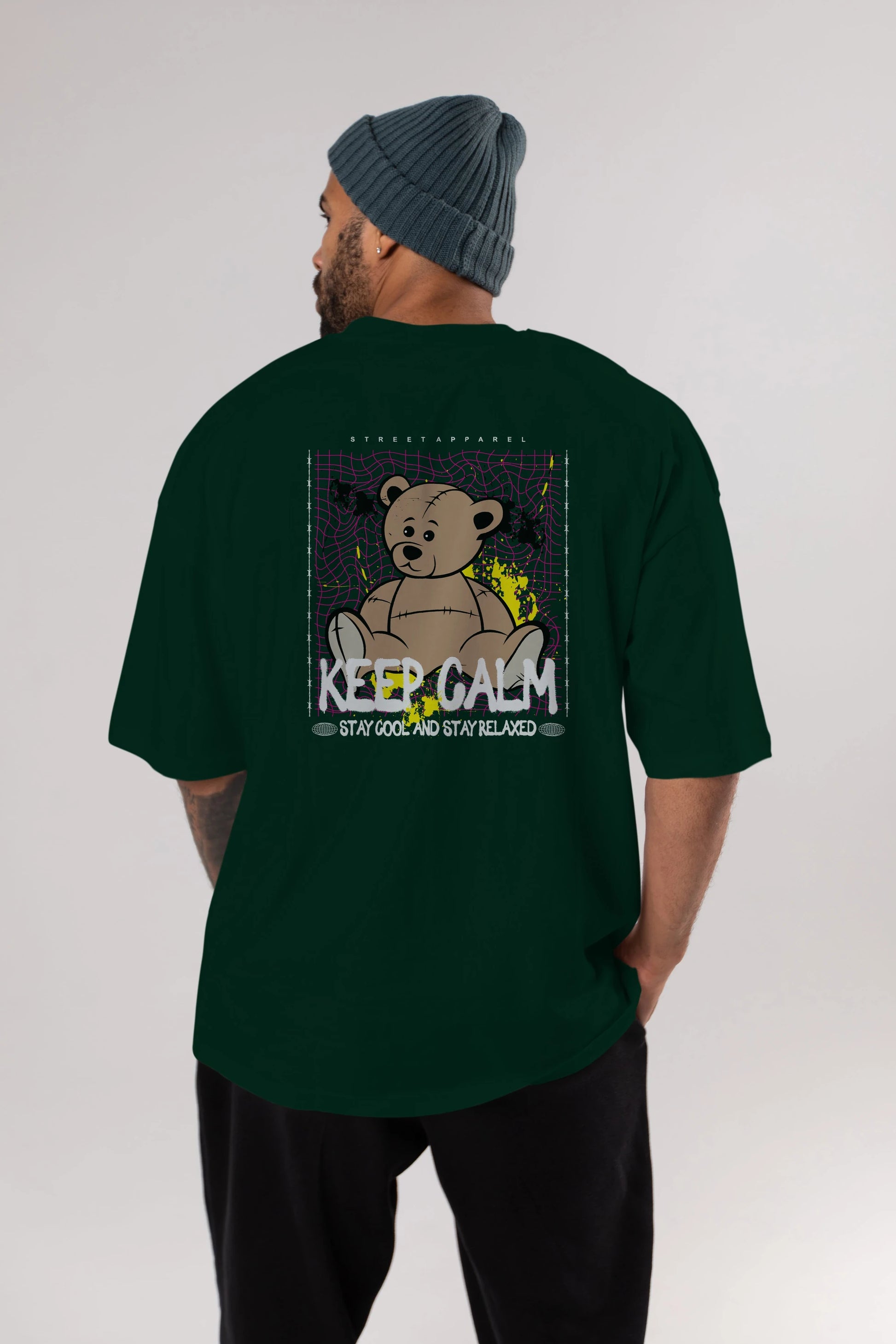 Keep Calm Bear Arka Baskılı Oversize t-shirt Erkek Kadın Unisex