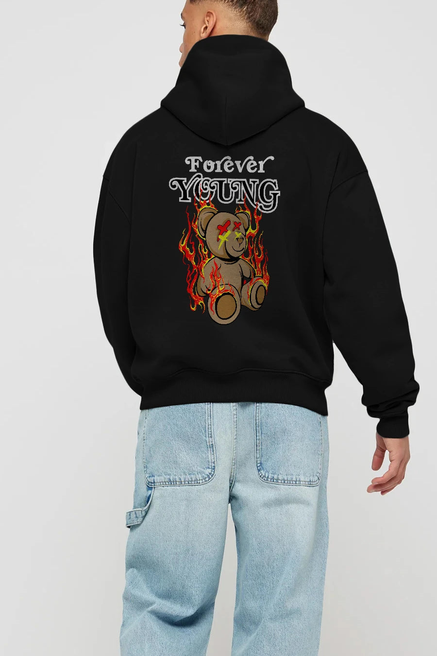 Forever Young Bear Arka Baskılı Hoodie Oversize Kapüşonlu Sweatshirt Erkek Kadın Unisex