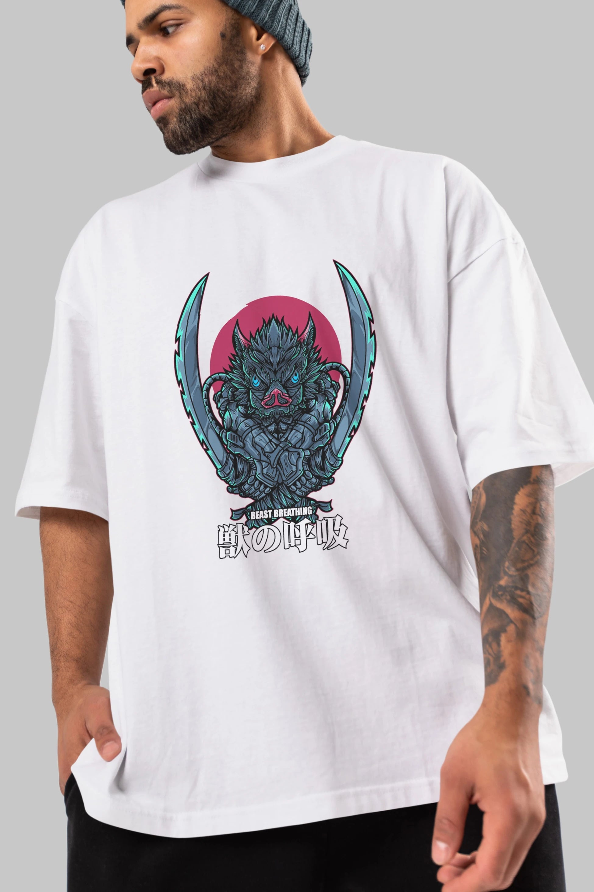 Inosuke DEMON SLAYER Anime Ön Baskılı Oversize t-shirt %100 pamuk Erkek Kadın Unisex