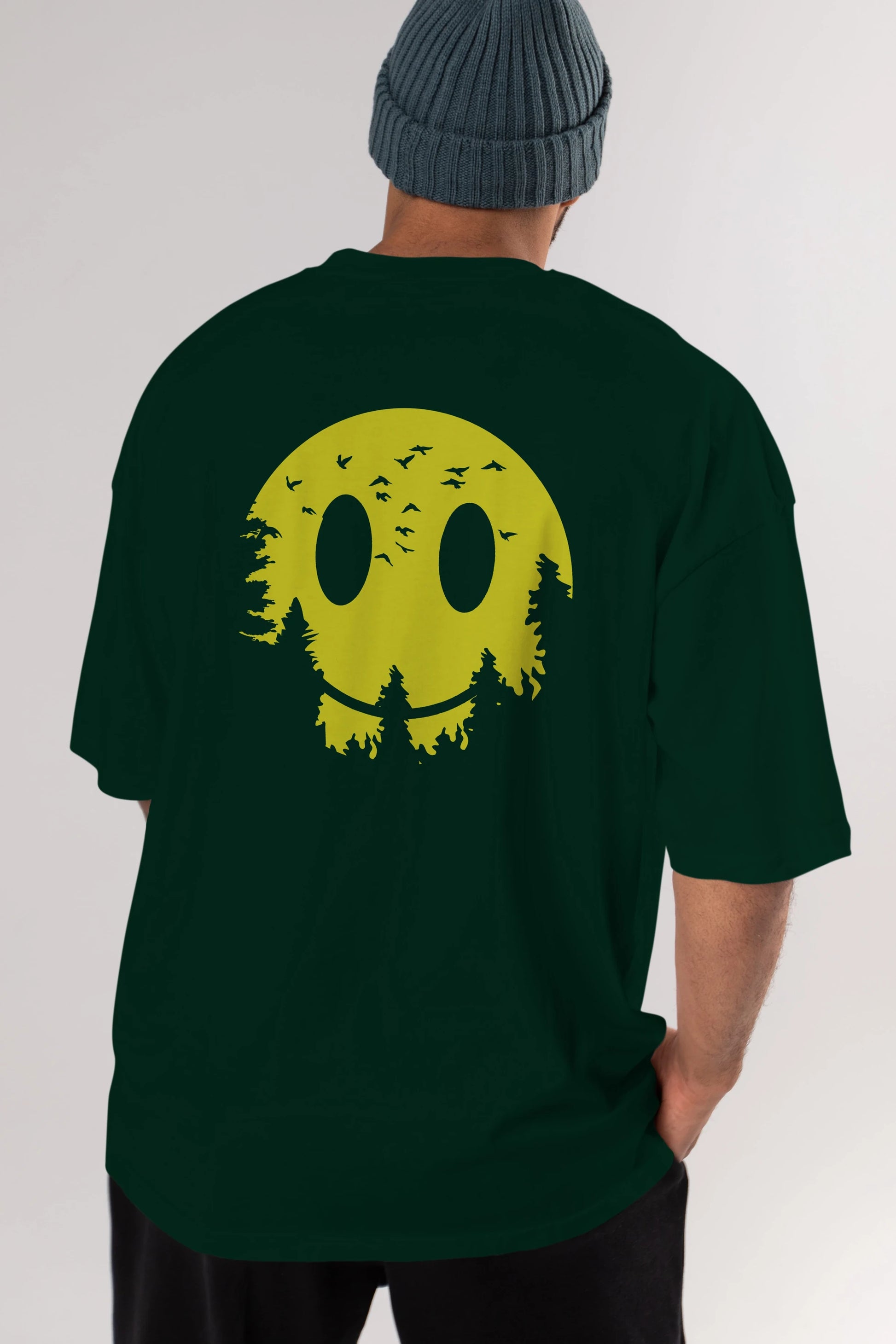 Smiley Moon Arka Baskılı Oversize t-shirt %100 pamuk Erkek Kadın Unisex