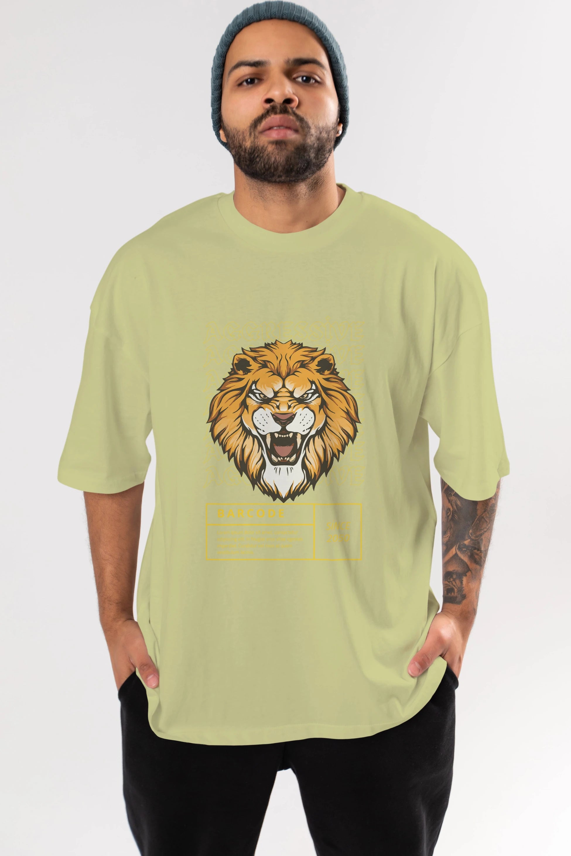 Aggressive Lion Ön Baskılı Oversize t-shirt Erkek Kadın Unisex