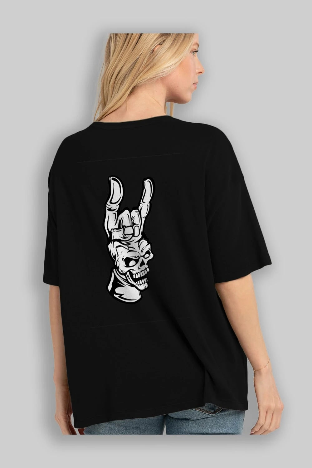 Hand Metal Skull Arka Baskılı Oversize t-shirt Erkek Kadın Unisex %100 Pamuk tişort