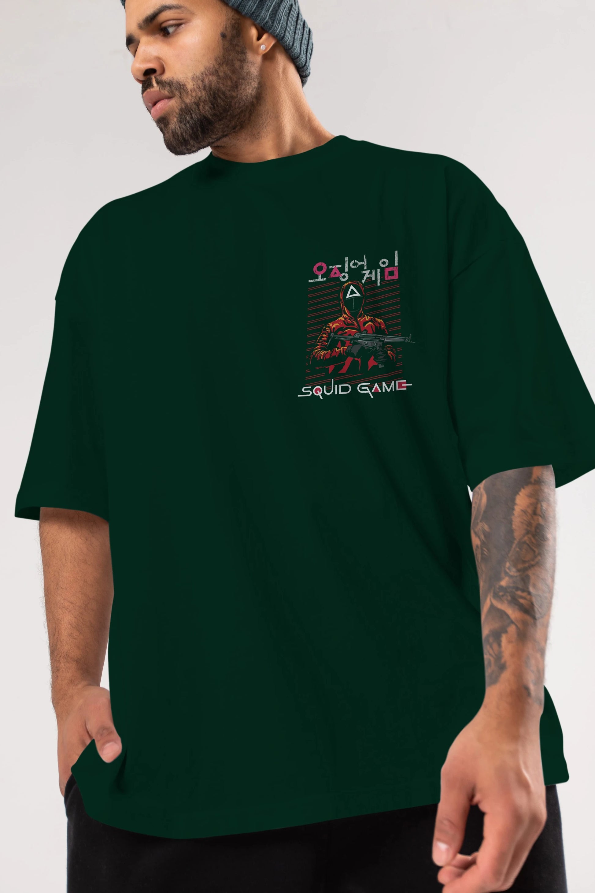 Squid Game (2) Ön Sol Baskılı Oversize t-shirt Erkek Kadın Unisex %100 Pamuk Bisiklet Yaka tişort