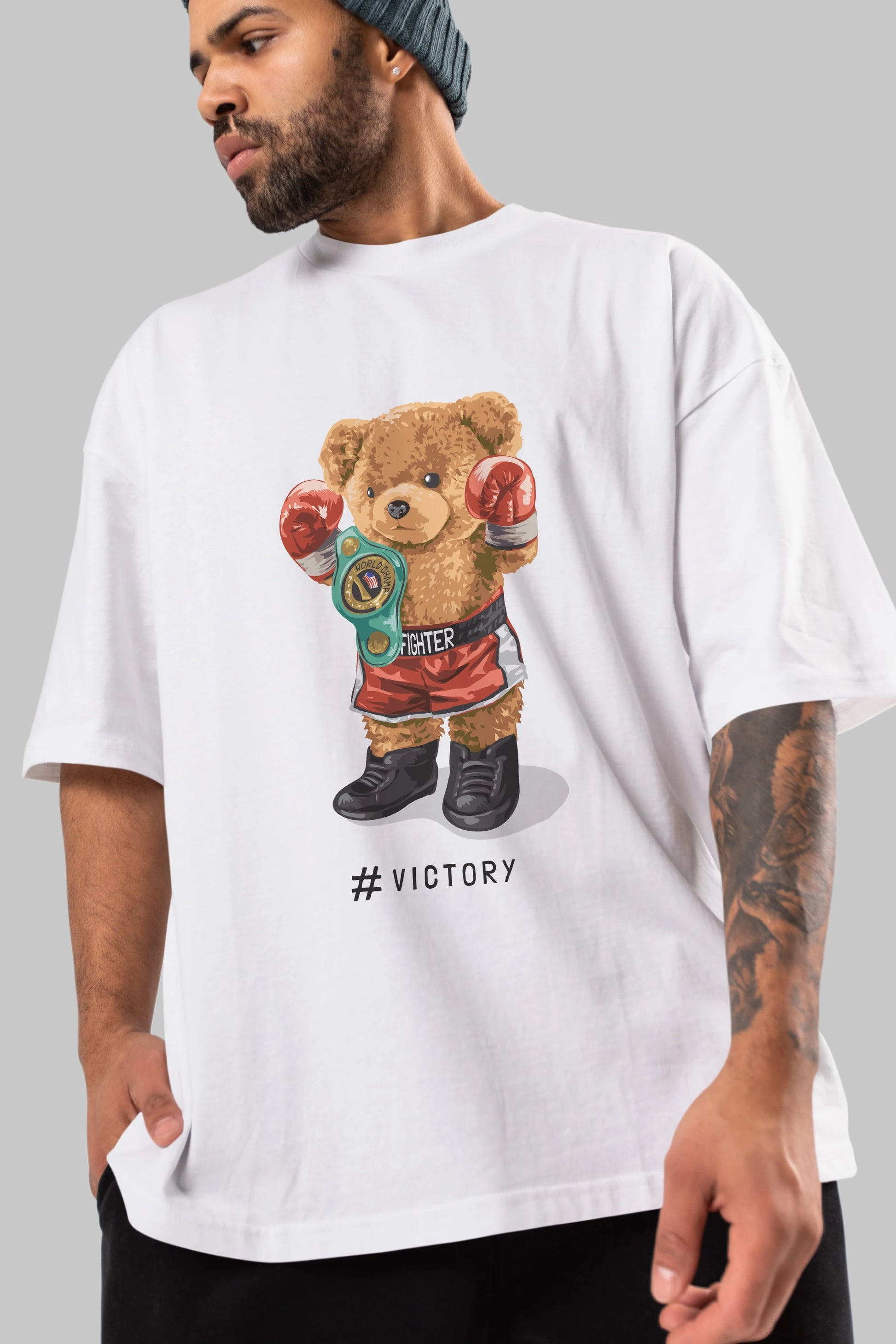 Teddy Bear Victory Ön Baskılı Oversize t-shirt Erkek Kadın Unisex %100 Pamuk