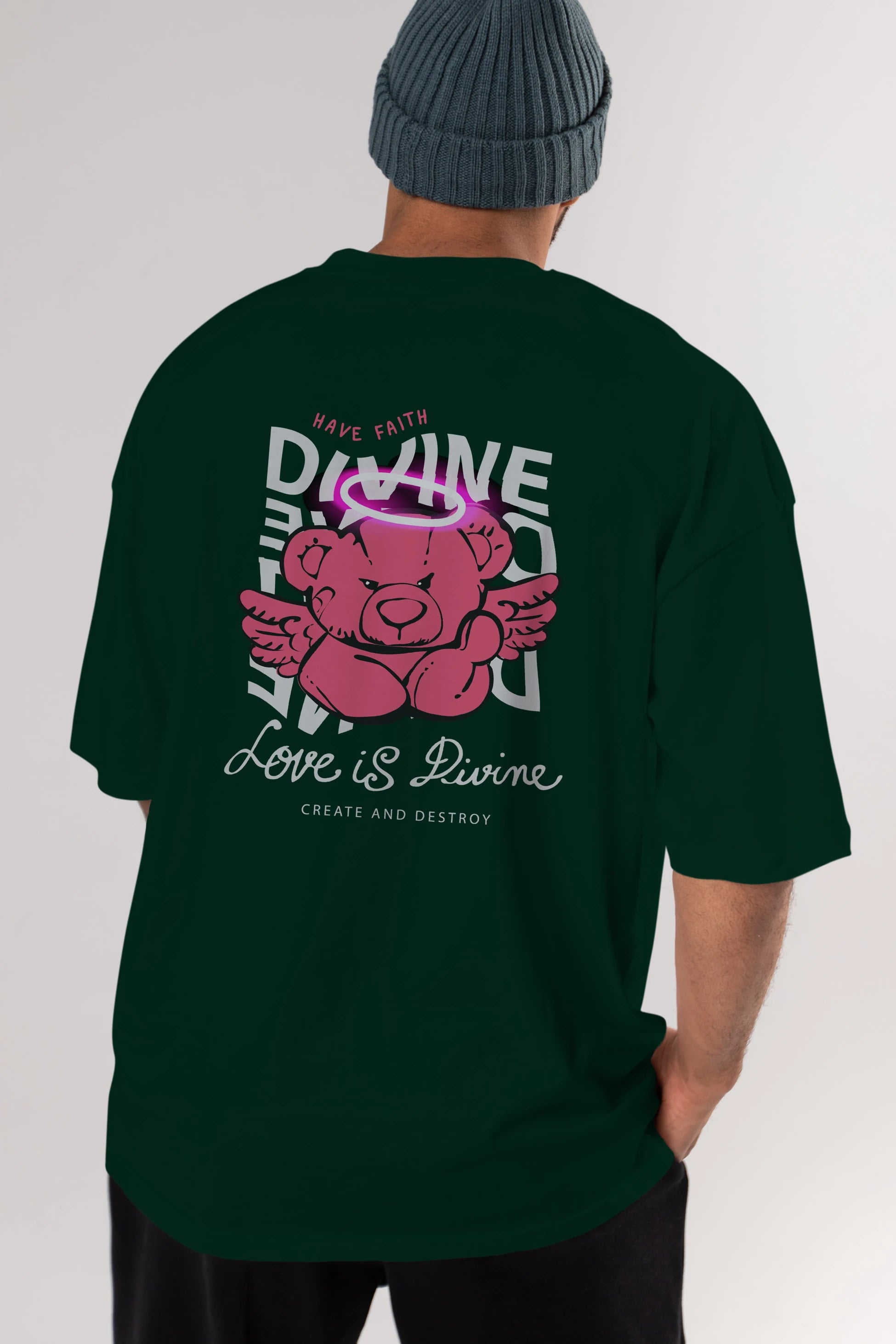 Love is Divine Bear Arka Baskılı Oversize t-shirt Erkek Kadın Unisex