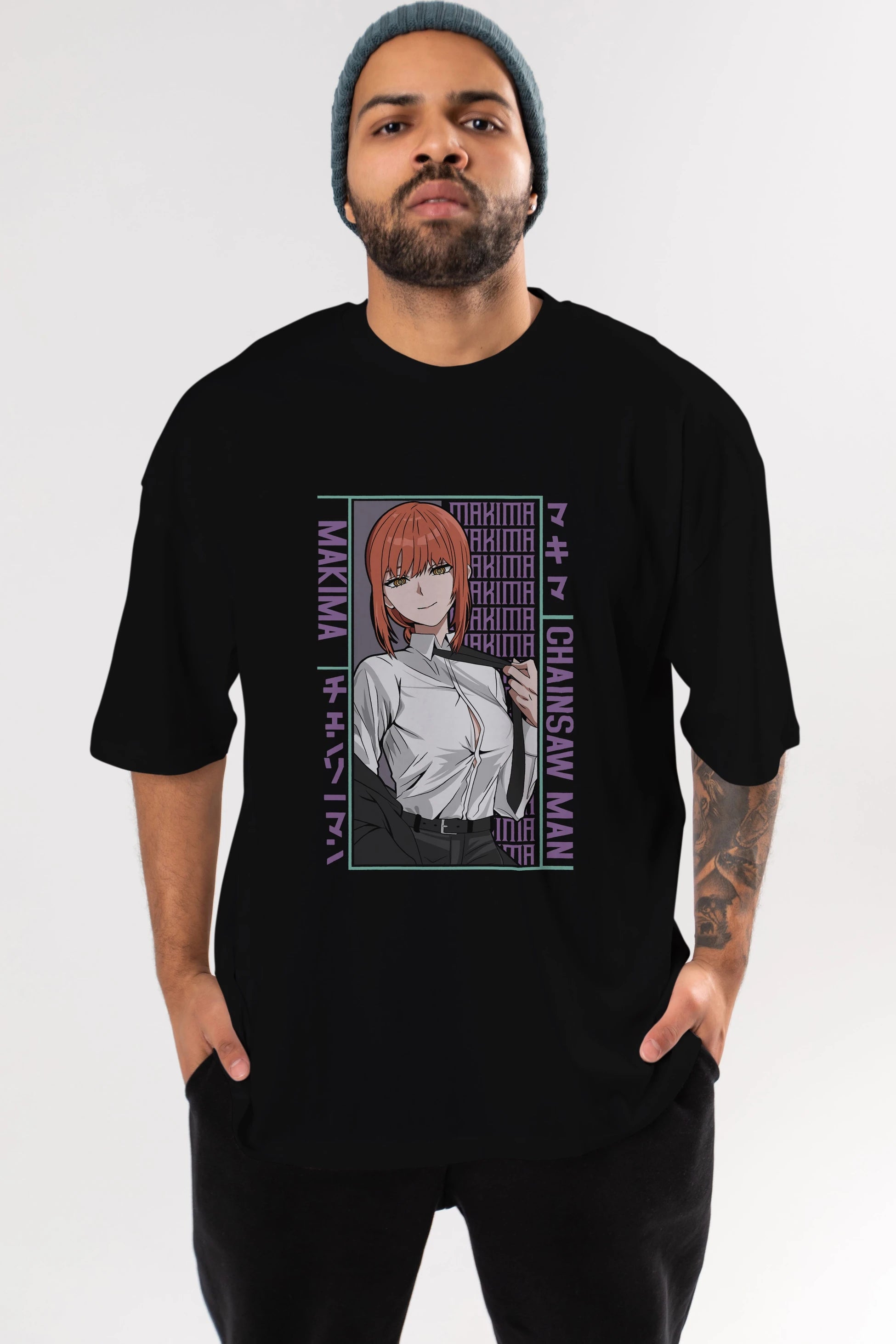 Makima Chain Saw Man Anime Ön Baskılı Oversize t-shirt %100 pamuk Erkek Kadın Unisex