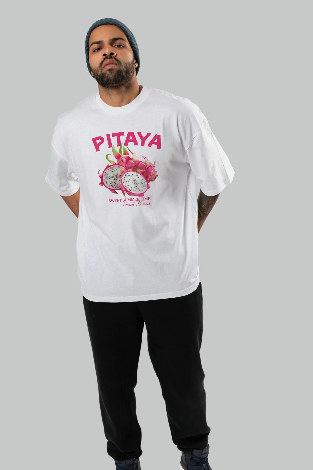 Pitaya Ön Baskılı Oversize t-shirt Erkek Kadın Pamuk Bisiklet Yaka tişort