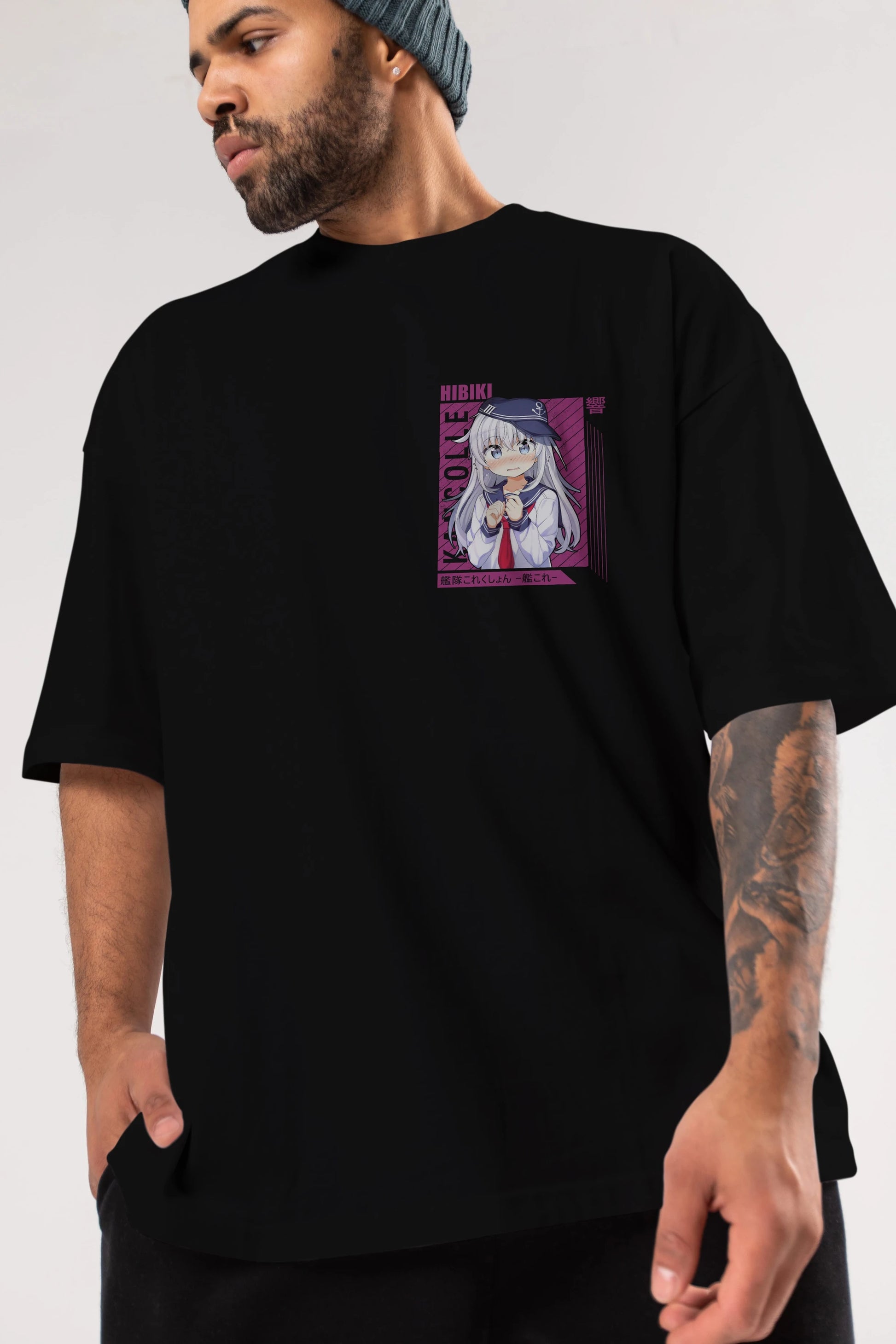Hibiki 4 Ön Sol Baskılı Oversize t-shirt Erkek Kadın Unisex %100 Pamuk Bisiklet Yaka tişort