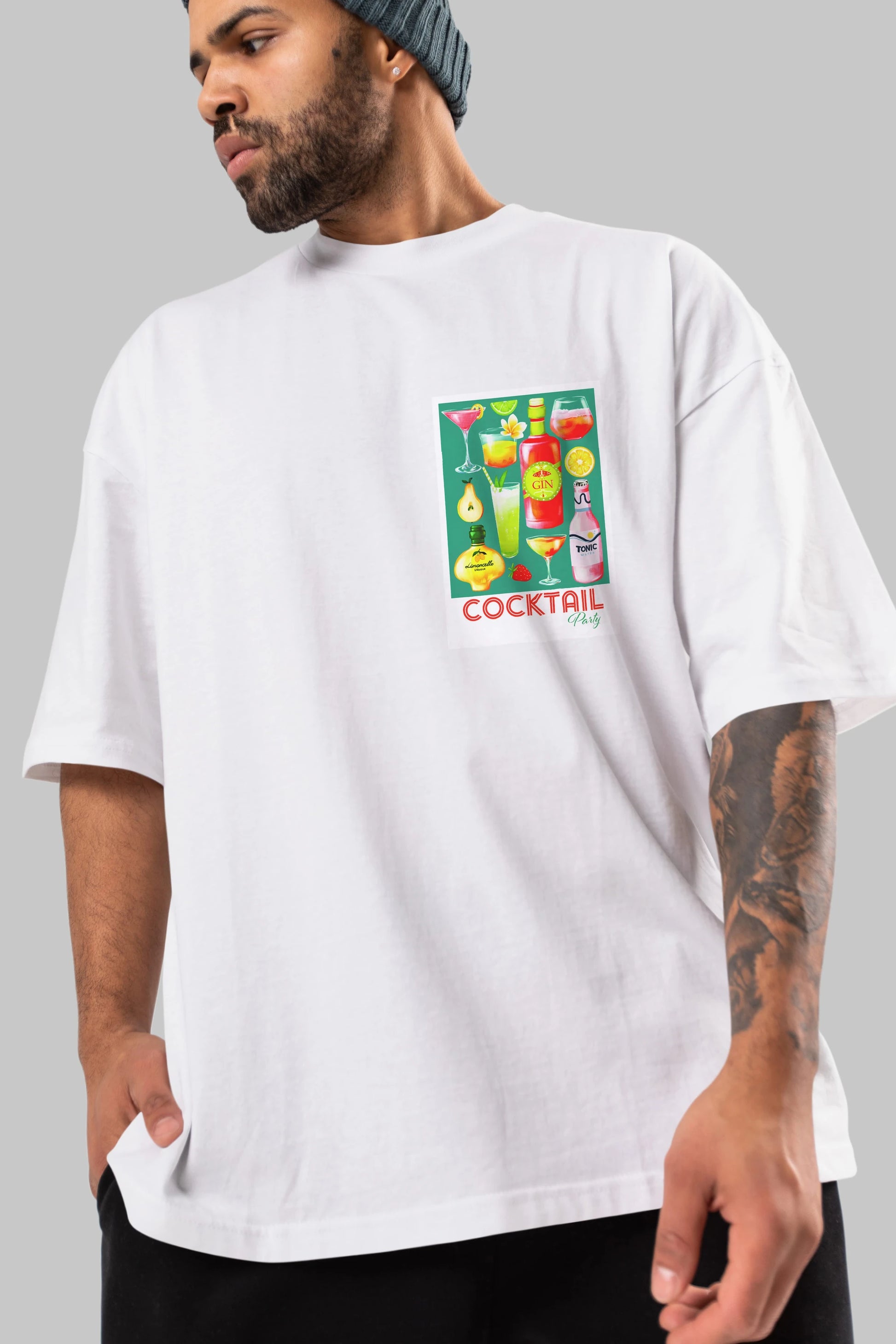 Cocktail Party 2 Ön Sol Baskılı Oversize t-shirt Erkek Kadın Unisex %100 Pamuk Bisiklet Yaka tişort