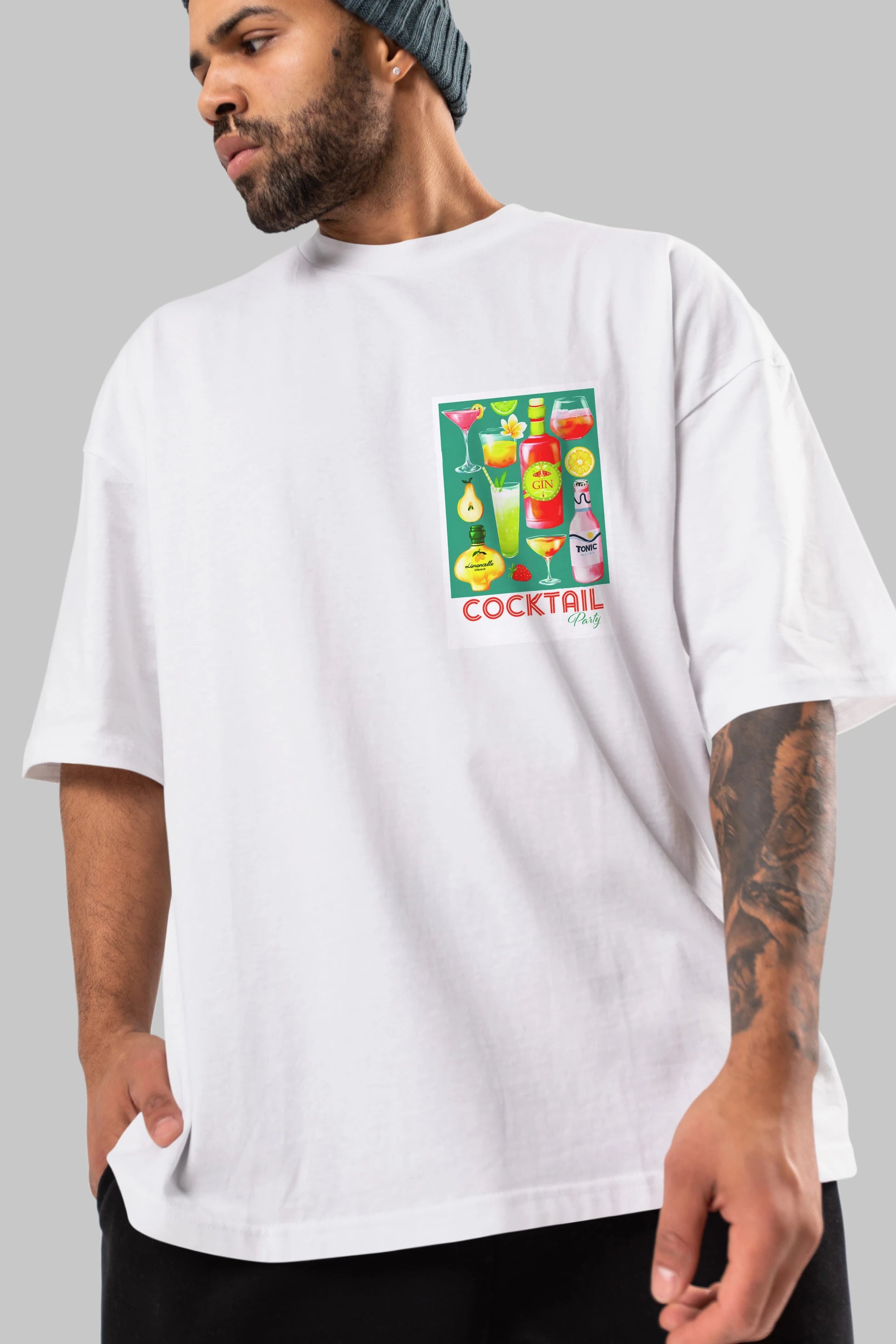Cocktail Party 2 Ön Sol Baskılı Oversize t-shirt Erkek Kadın Unisex %100 Pamuk Bisiklet Yaka tişort