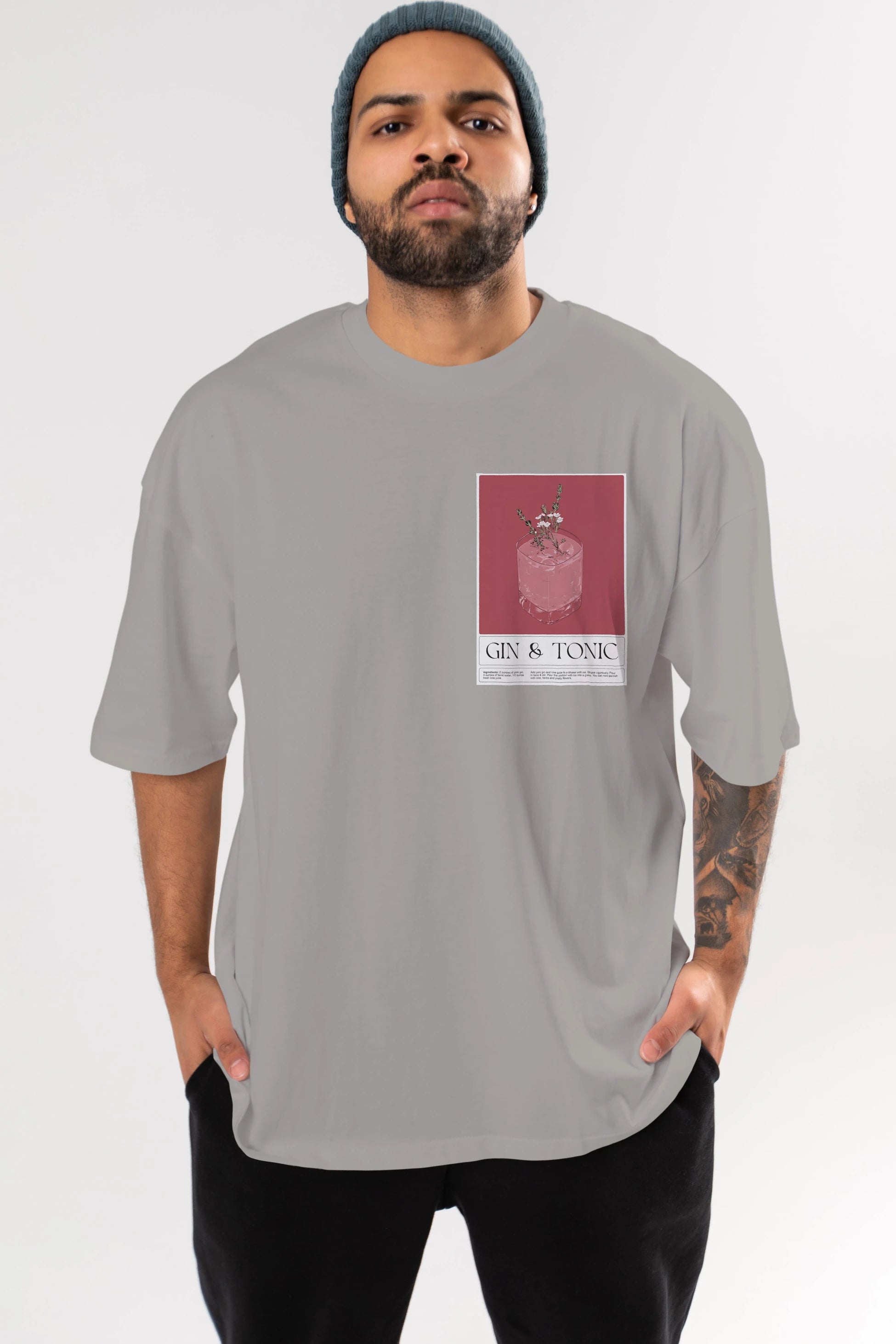 Gin Tonic 4 Ön Sol Baskılı Oversize t-shirt Erkek Kadın Unisex %100 Pamuk Bisiklet Yaka tişort