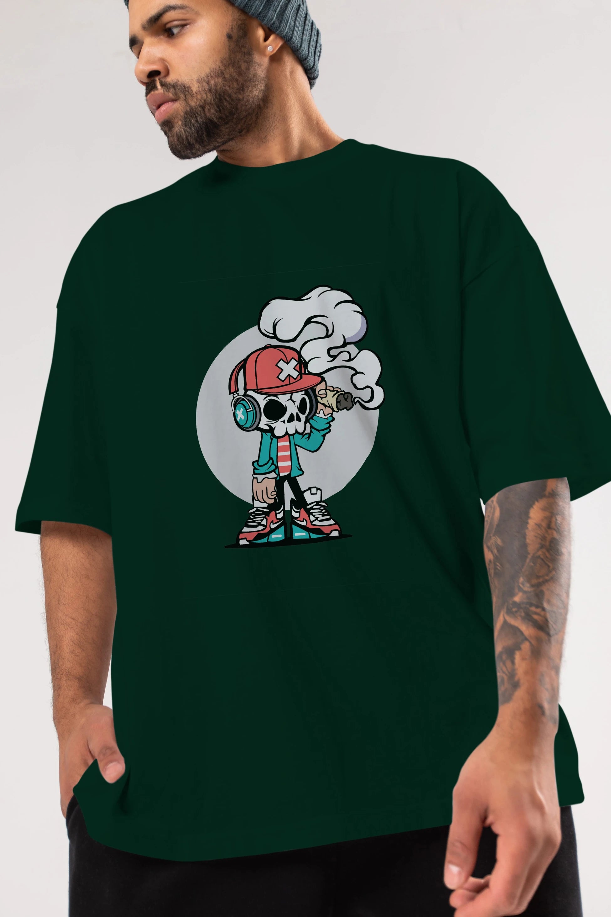 Skull Headphone Ön Baskılı Oversize t-shirt Erkek Kadın Unisex %100 Pamuk tişort