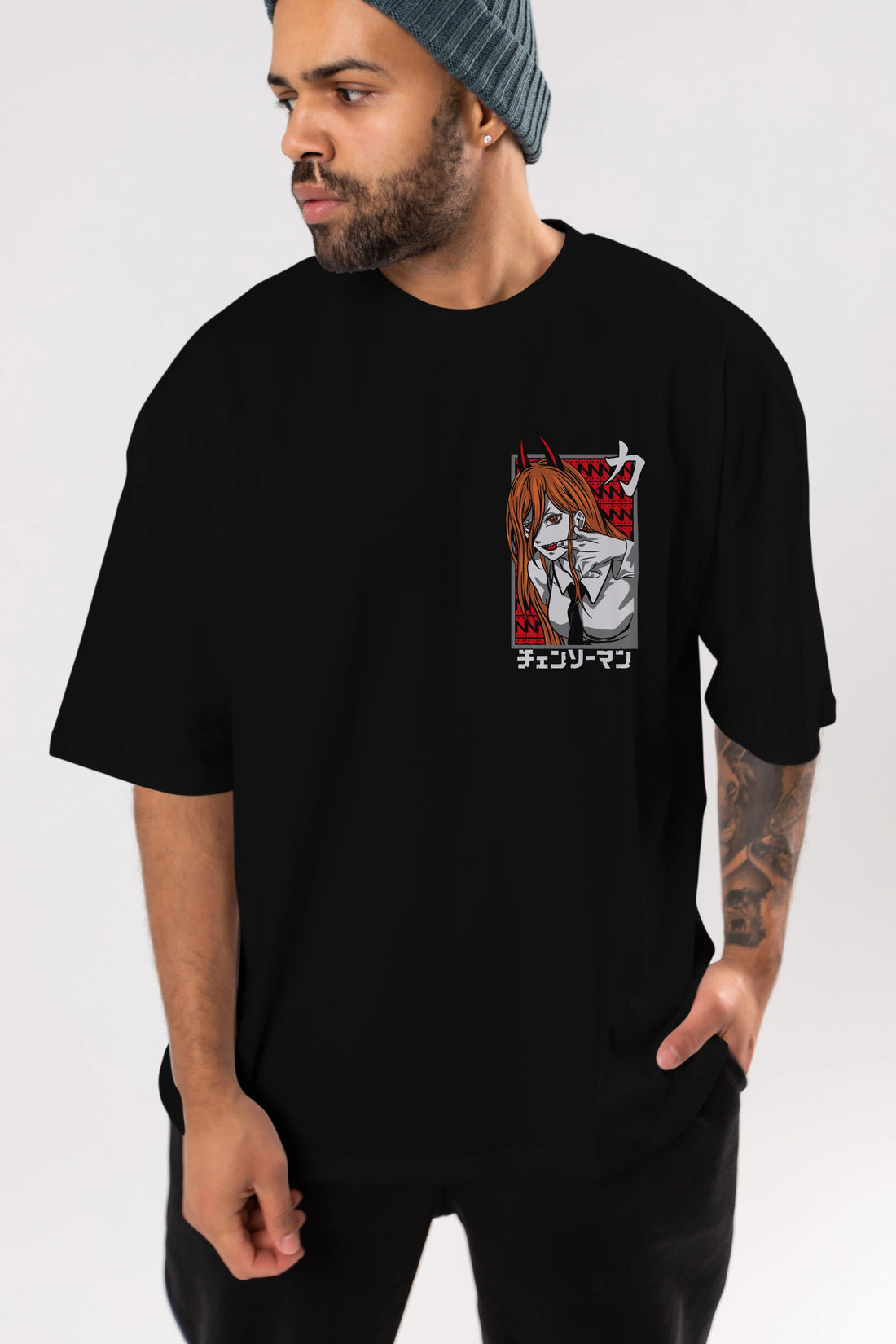 CHAINSAWMAN POWER Ön Sol Baskılı Oversize t-shirt Erkek Kadın Unisex %100 Pamuk Bisiklet Yaka tişort