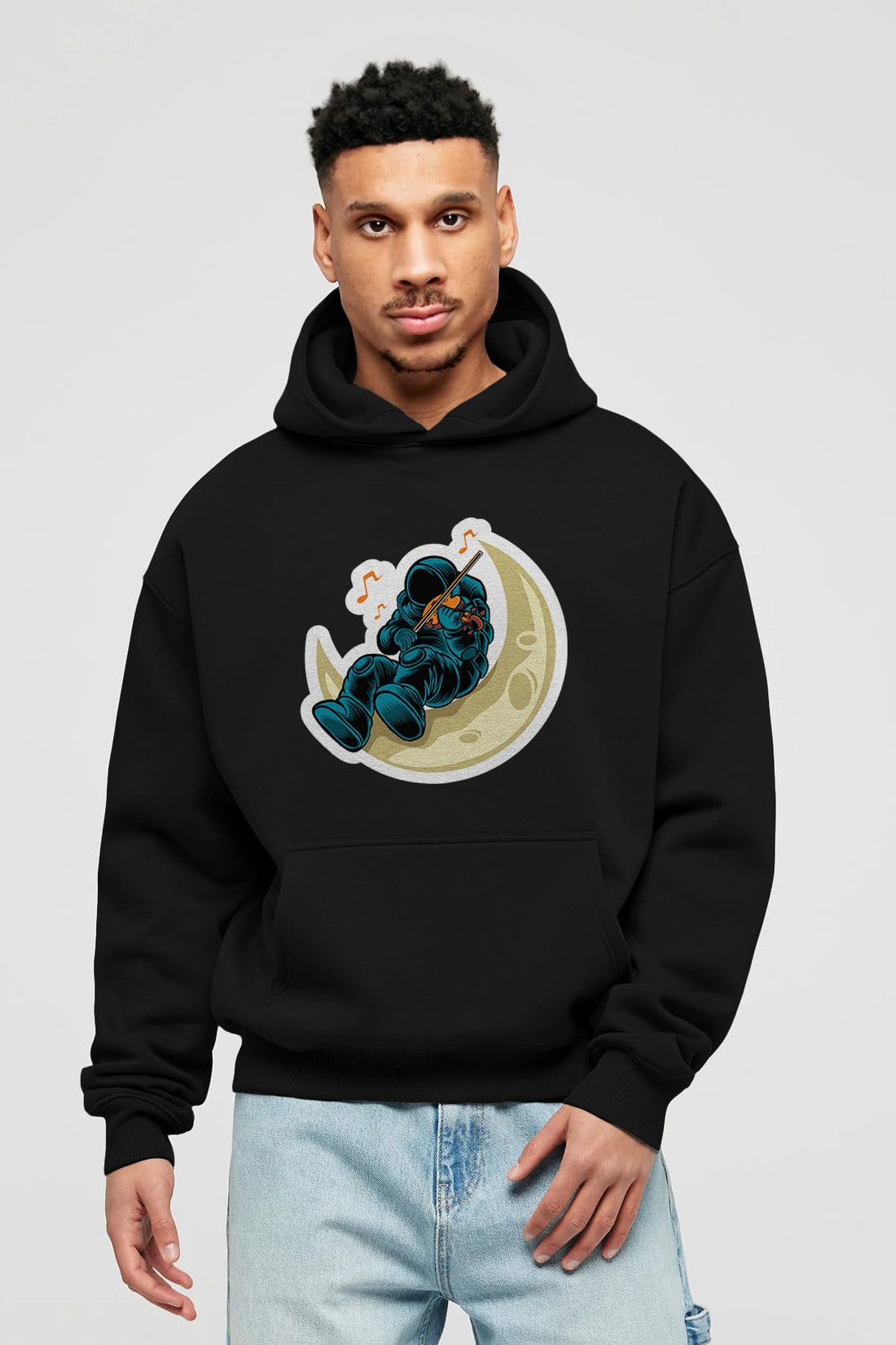 Playing Vionist in Space Sticker Ön Baskılı Hoodie Oversize Kapüşonlu Sweatshirt Erkek Kadın Unisex