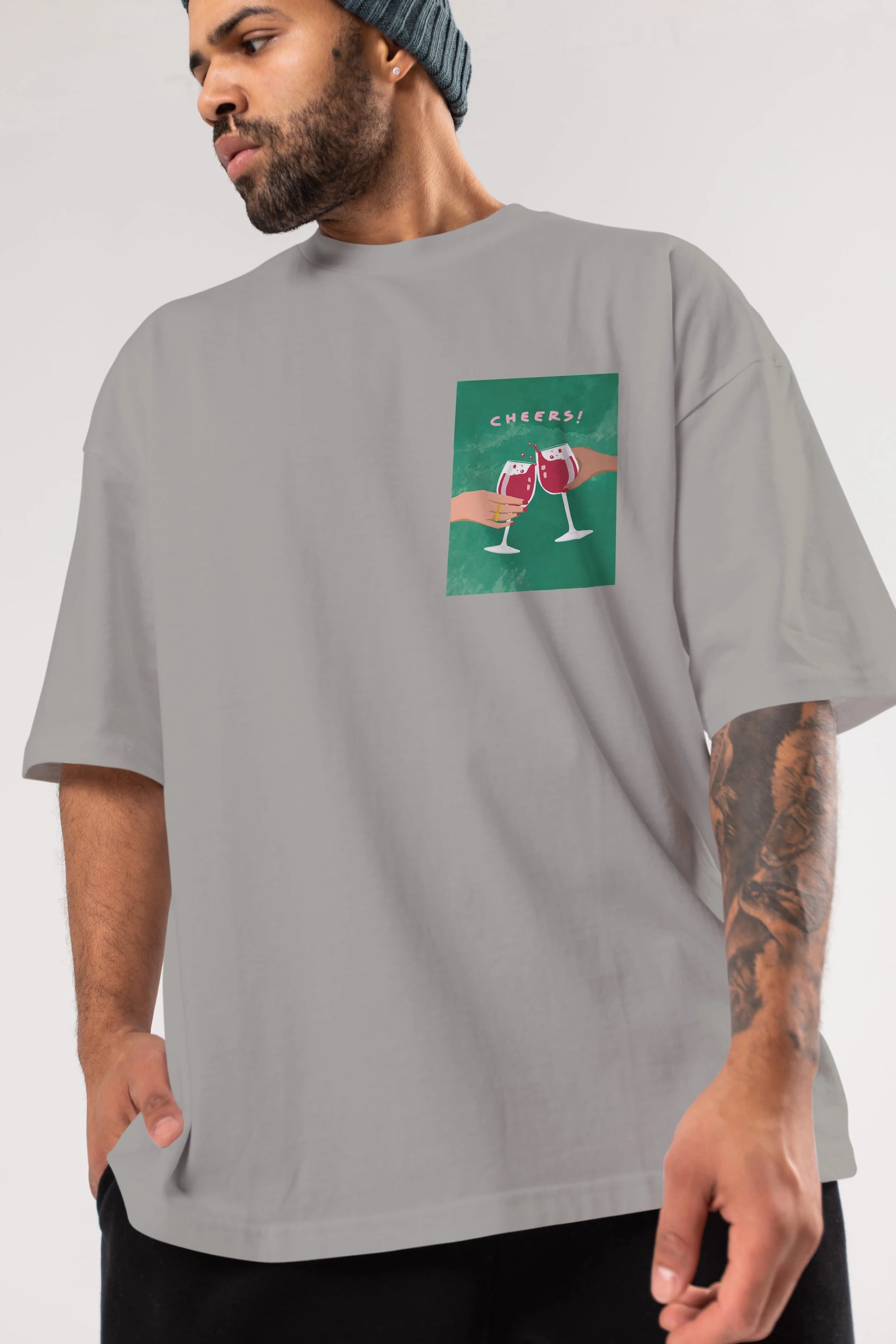 Cheers Ön Sol Baskılı Oversize t-shirt Erkek Kadın Unisex %100 Pamuk Bisiklet Yaka tişort
