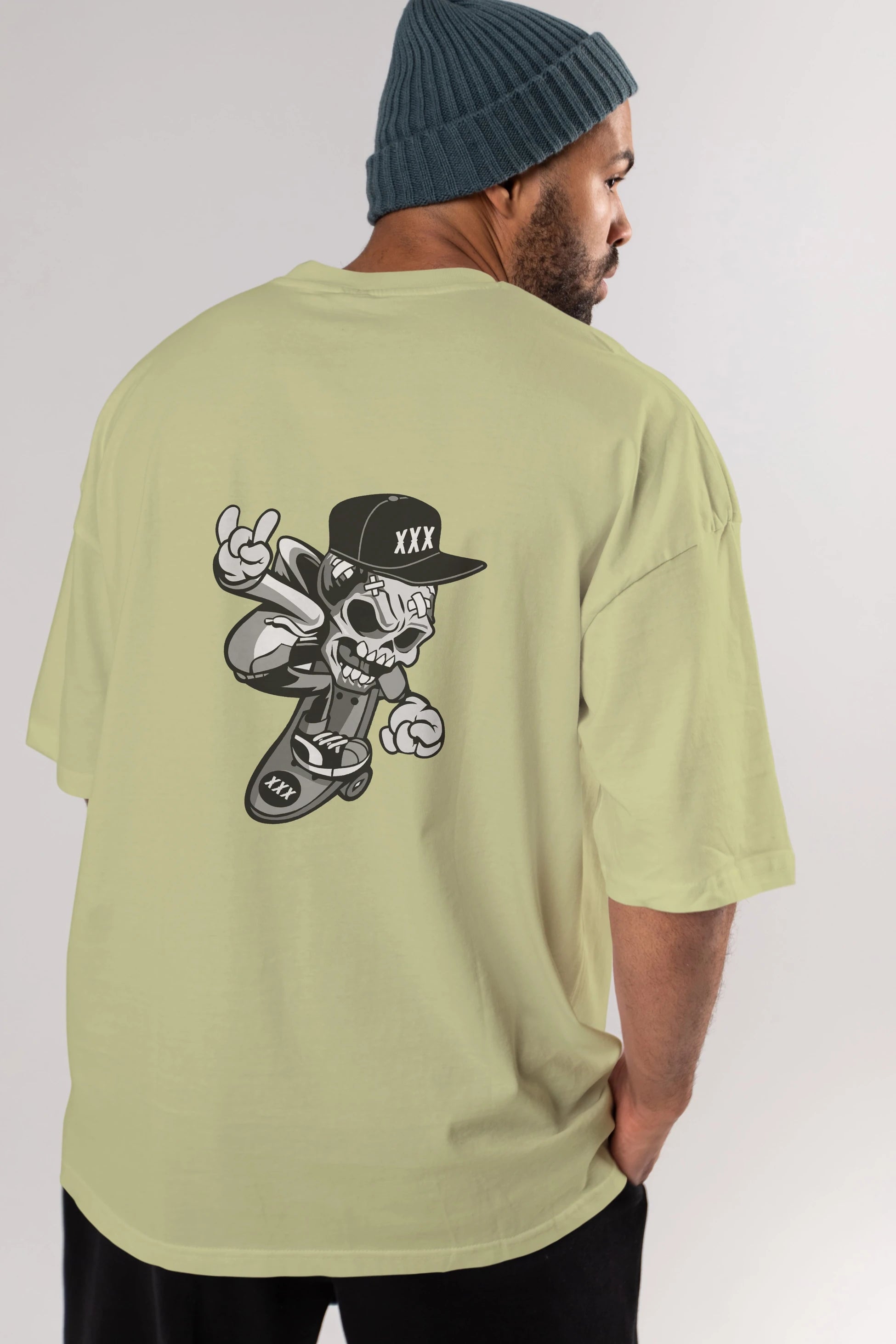 Skull Skateboard Arka Baskılı Oversize t-shirt Erkek Kadın Unisex %100 Pamuk tişort