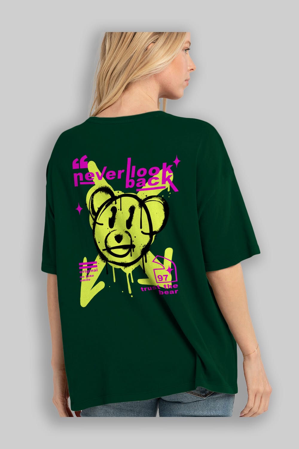 Never Look Back Bear Arka Baskılı Oversize t-shirt Erkek Kadın Unisex