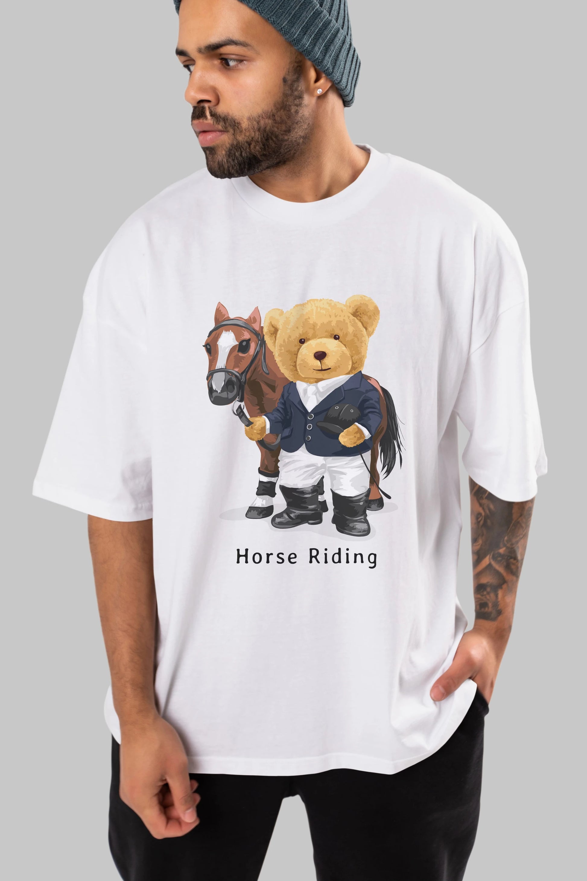 Teddy Bear Horse Riding Ön Baskılı Oversize t-shirt Erkek Kadın Unisex %100 Pamuk