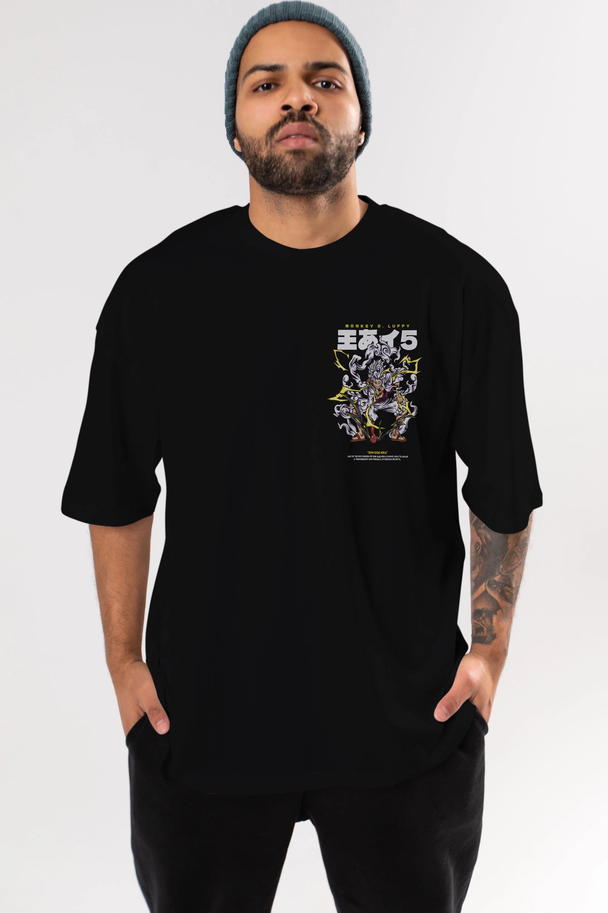 Monkey D. Luffy Ön Sol Baskılı Oversize t-shirt Erkek Kadın Unisex %100 Pamuk Bisiklet Yaka tişort
