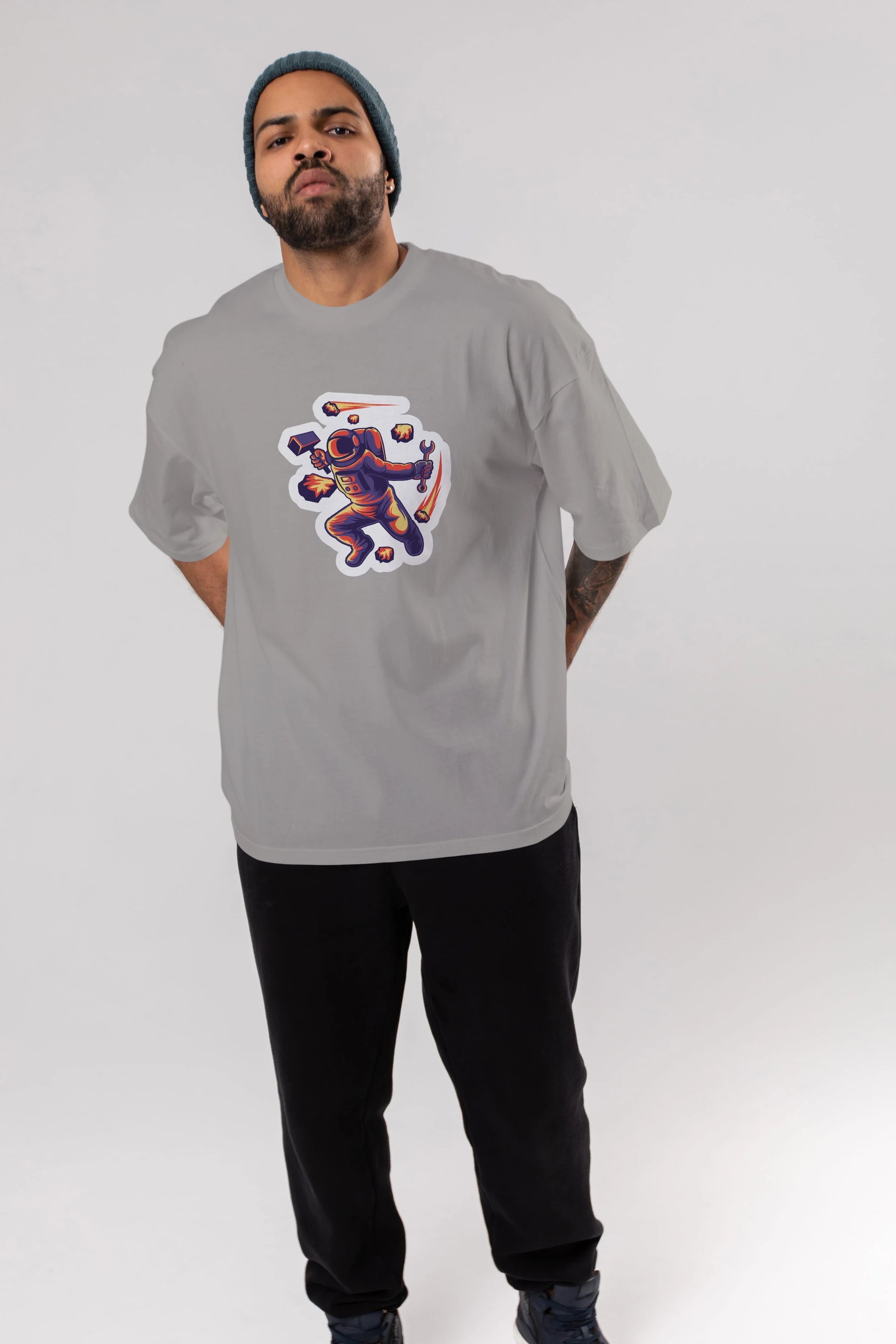 Astronaut Block Meteor Sticker Ön Baskılı Oversize t-shirt Erkek Kadın Unisex