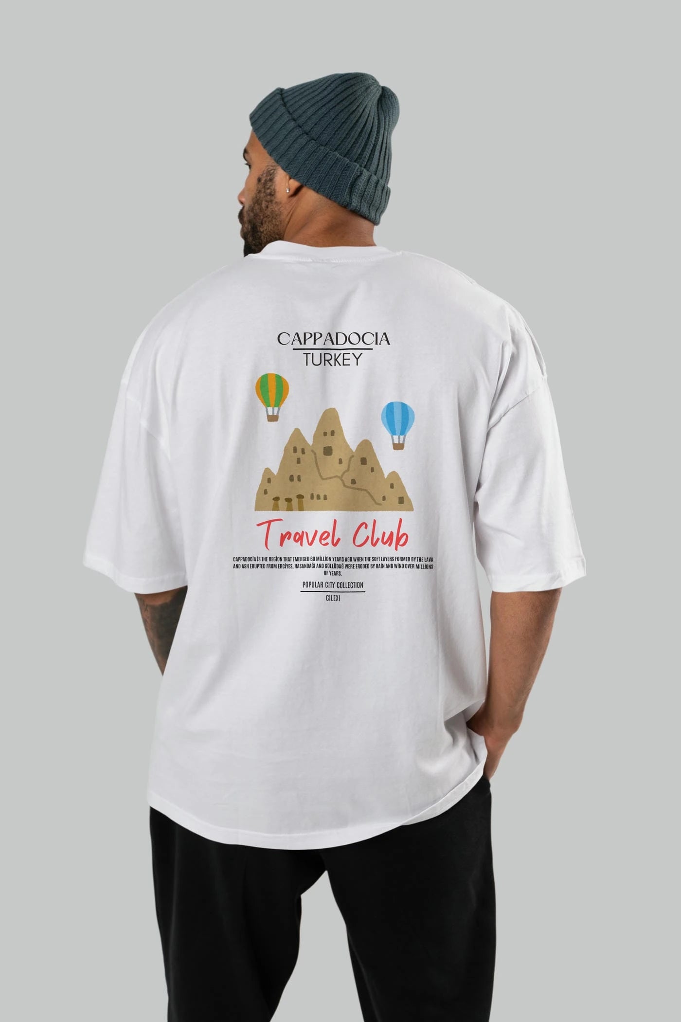 Cappadocia Turkey Arka Baskılı Oversize t-shirt Erkek Kadın Pamuk Bisiklet Yaka tişort