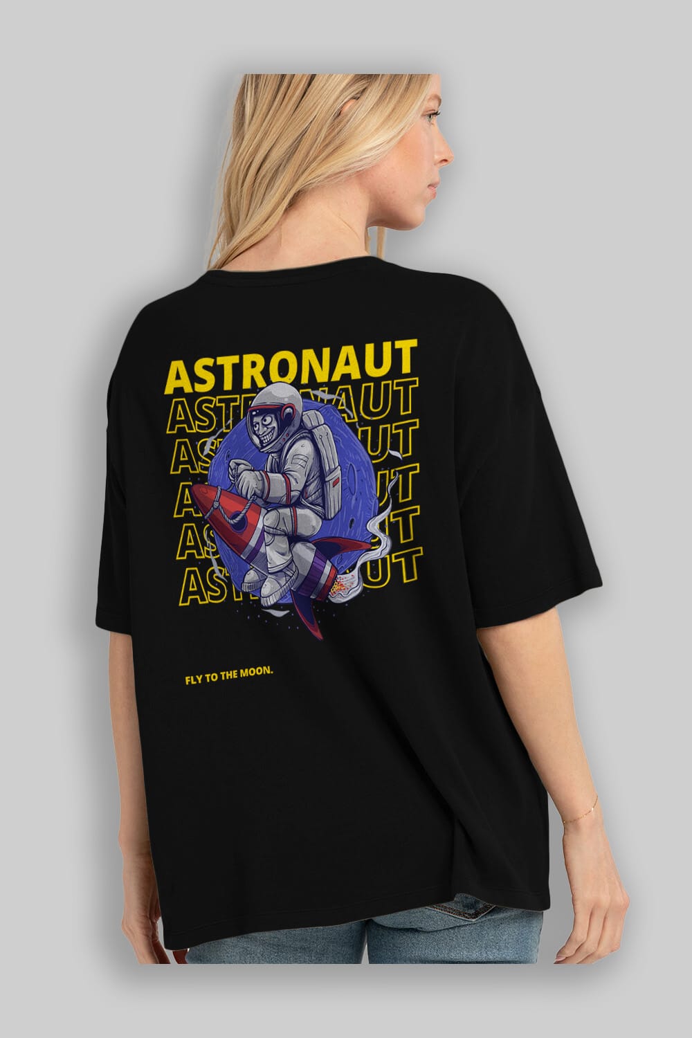 Astronaut Fly to the Moon Yazılı Arka Baskılı Oversize t-shirt Erkek Kadın Unisex