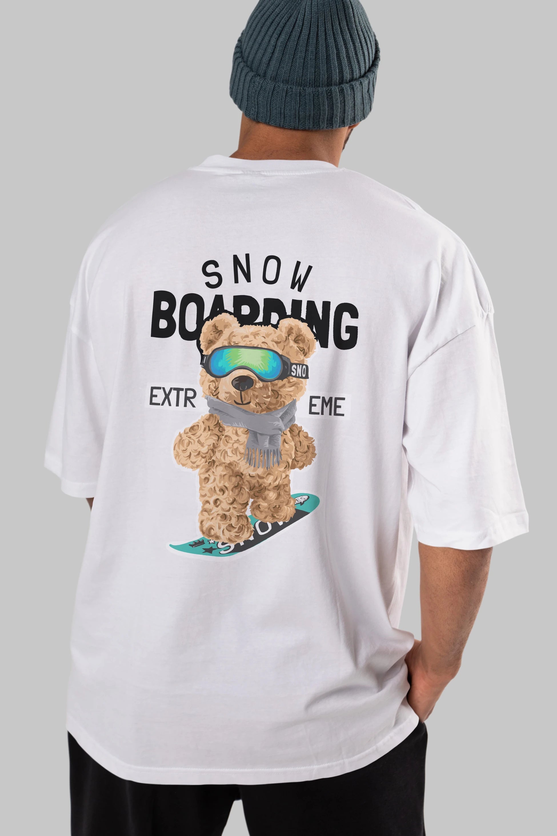 Teddy Bear Snow Boarding Arka Baskılı Oversize t-shirt Erkek Kadın Unisex %100 Pamuk