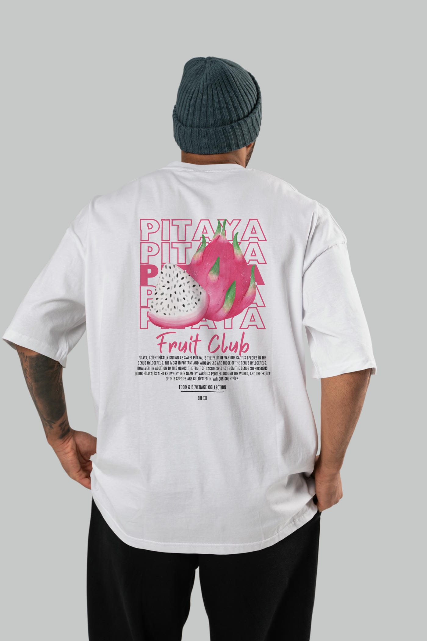 Pitaya Arka Baskılı Oversize t-shirt Erkek Kadın Pamuk Bisiklet Yaka tişort