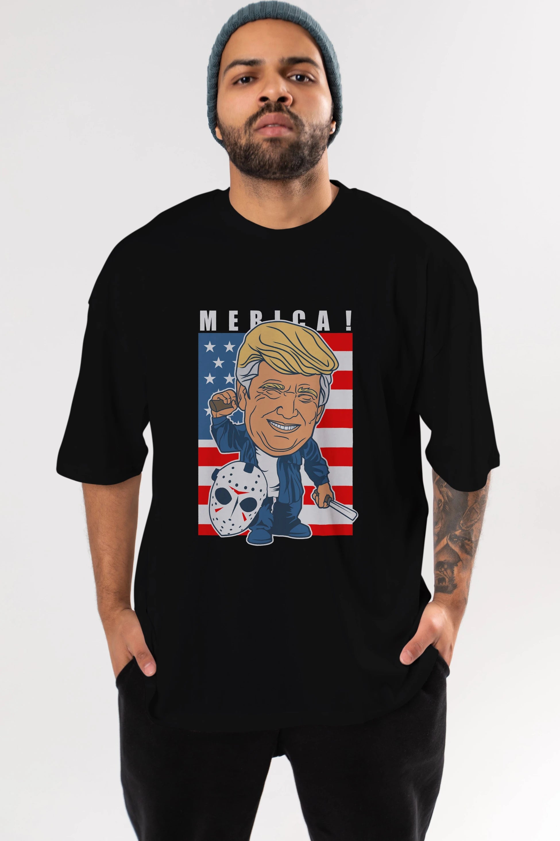 Jason Voorhess Trump Ön Baskılı Oversize t-shirt Erkek Kadın Unisex %100 Pamuk tişort