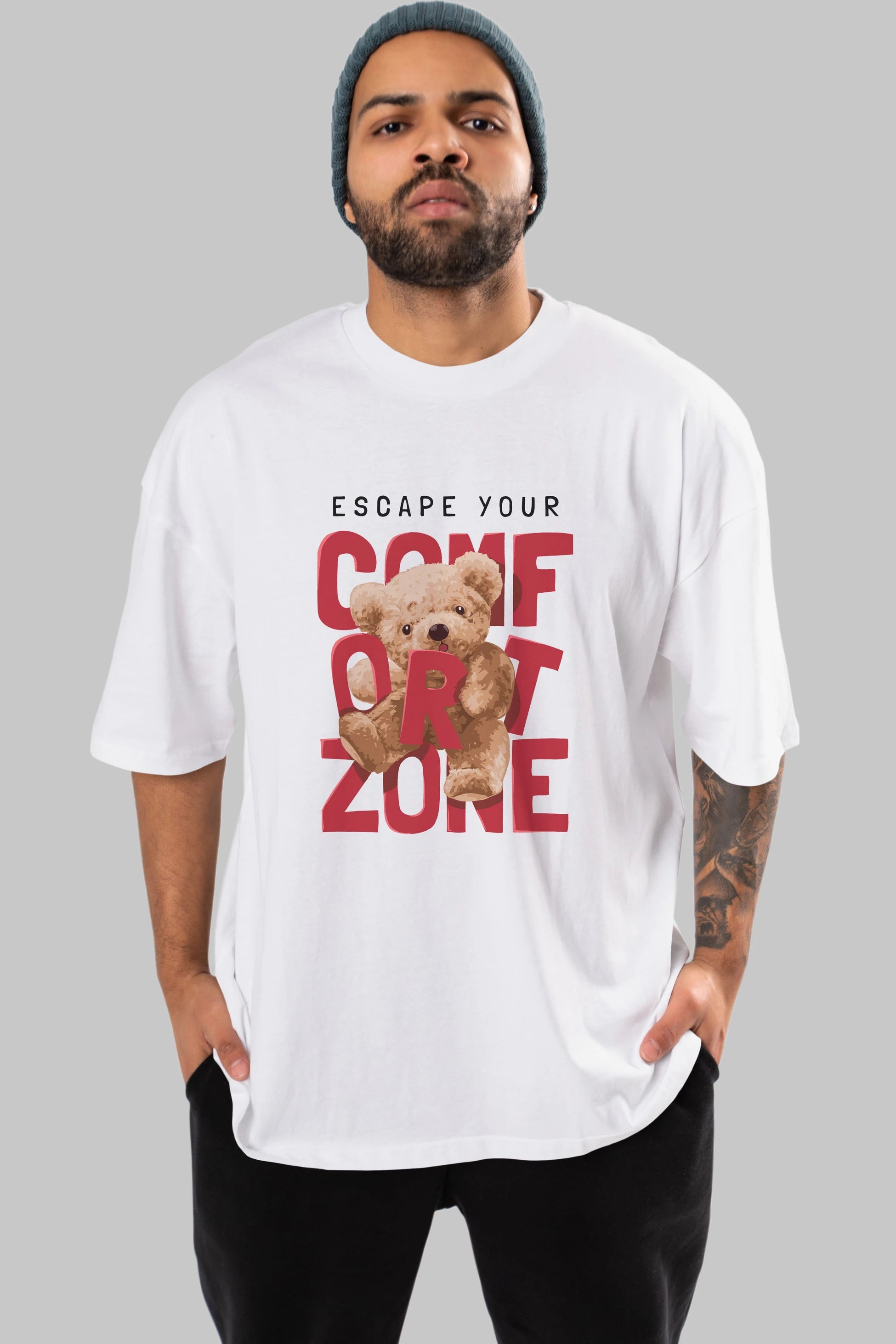 Teddy Bear Escape Comfort Zone Ön Baskılı Oversize t-shirt Erkek Kadın Unisex %100 Pamuk