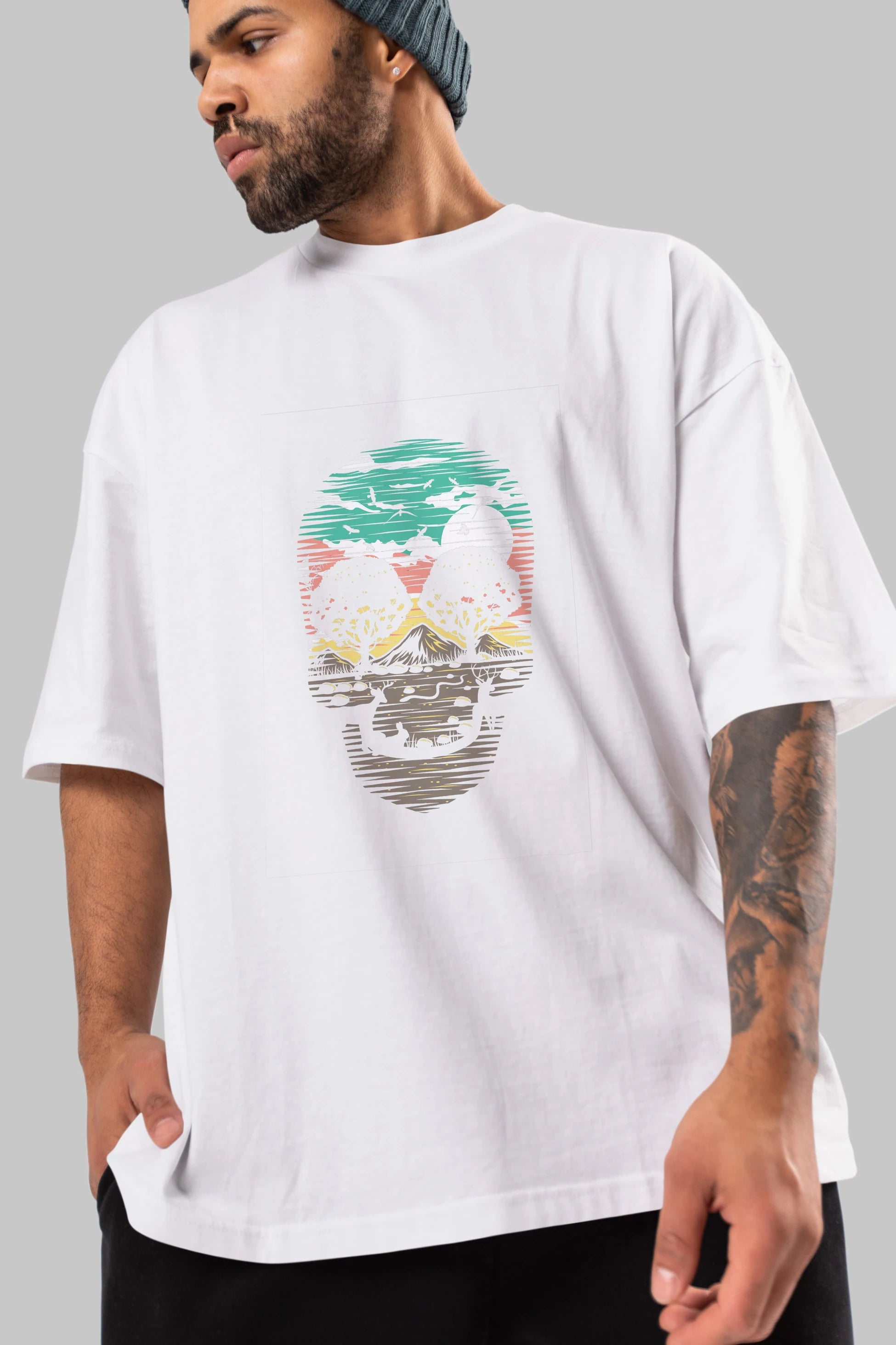 Skull Nature Ön Baskılı Oversize t-shirt %100 pamuk Erkek Kadın Unisex