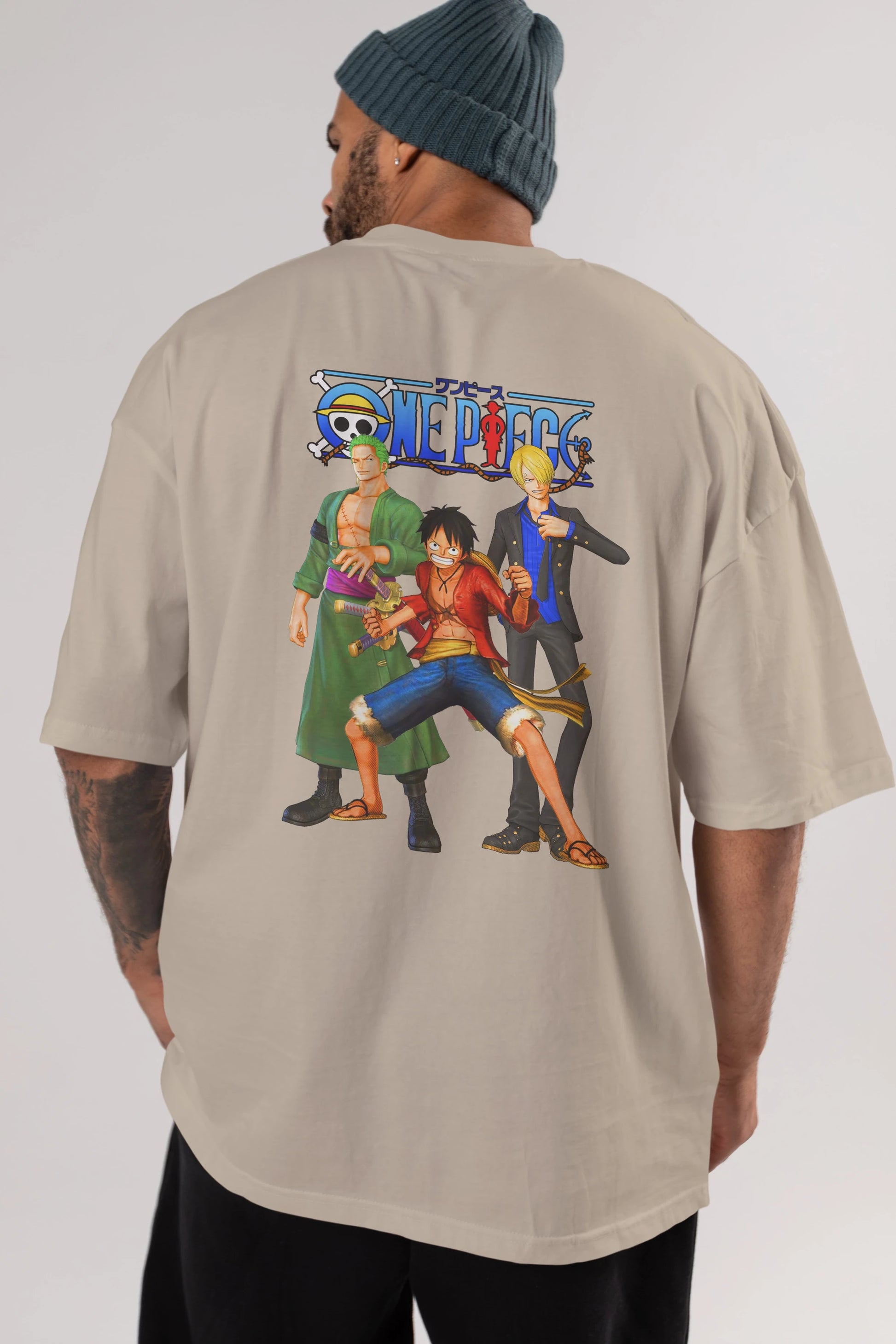 Luffy Sanji Zoro Anime Arka Baskılı Oversize t-shirt Erkek Kadın Unisex %100 pamuk tişort