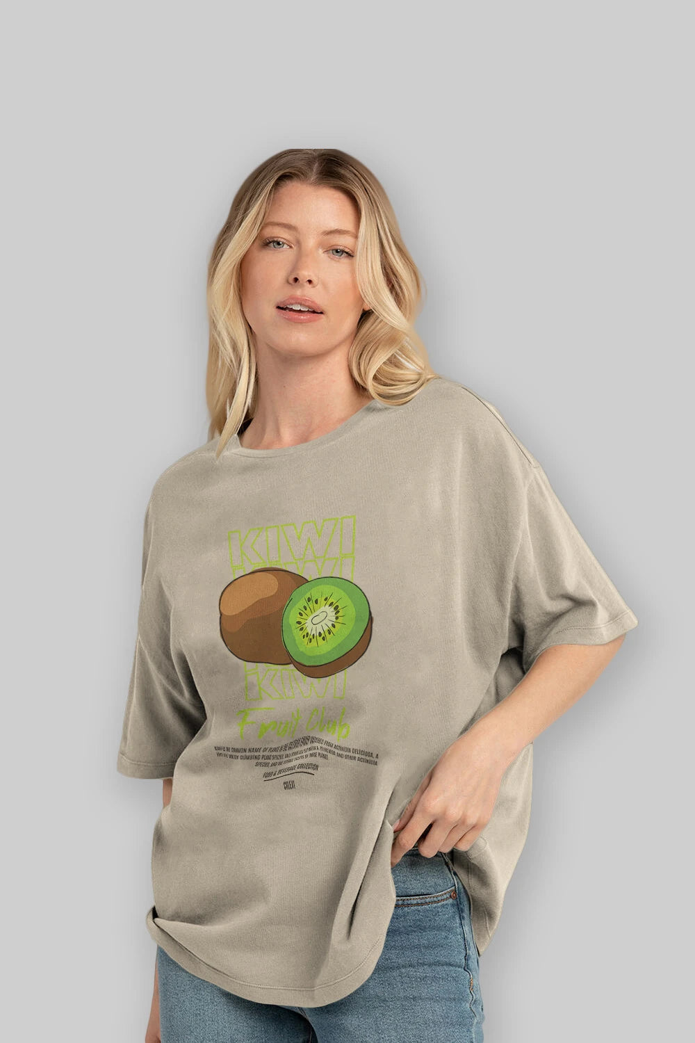 Kiwi Ön Baskılı Oversize t-shirt Erkek Kadın Pamuk Bisiklet Yaka tişort