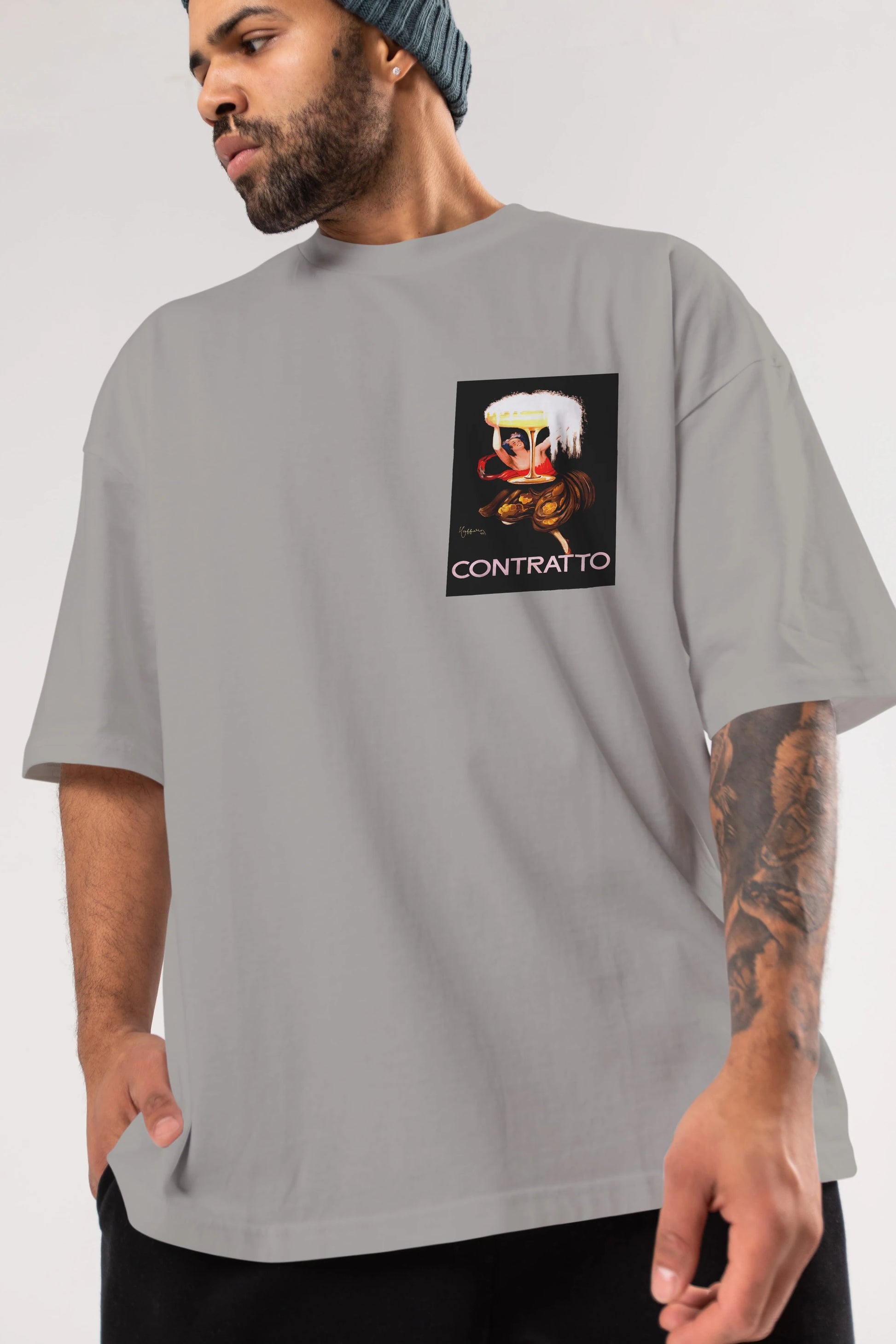 Contratto Ön Sol Baskılı Oversize t-shirt Erkek Kadın Unisex %100 Pamuk Bisiklet Yaka tişort