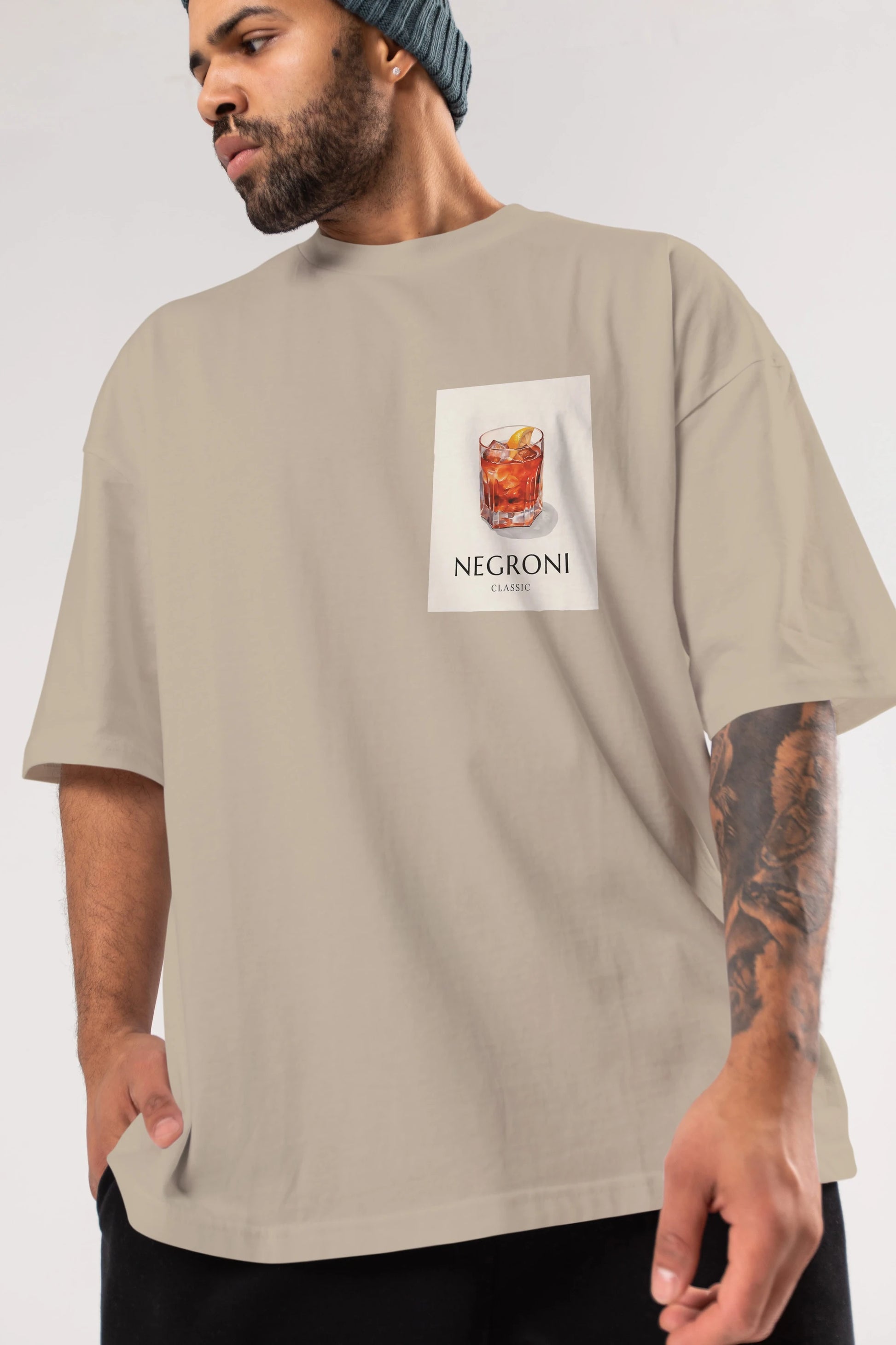 Negroni Classic Ön Sol Baskılı Oversize t-shirt Erkek Kadın Unisex %100 Pamuk Bisiklet Yaka tişort