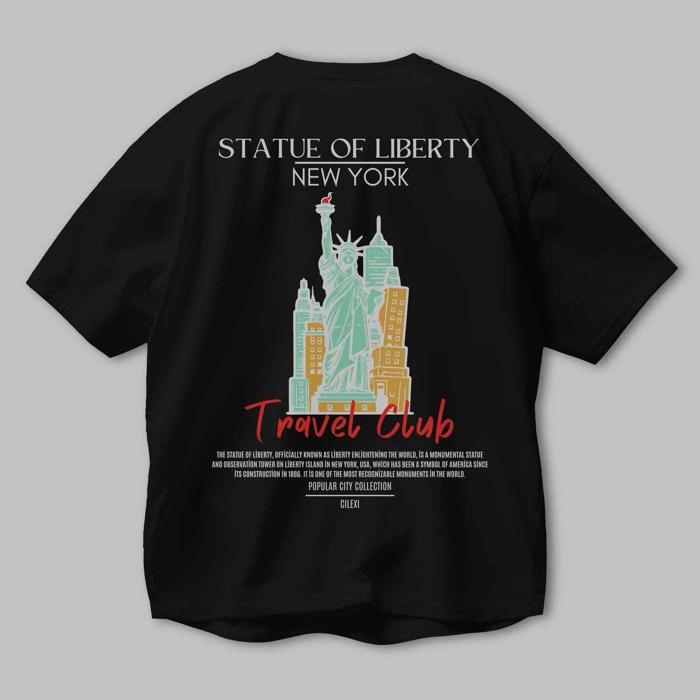 Statue Of Liberty New York Arka Baskılı Oversize t-shirt Erkek Kadın Pamuk Bisiklet Yaka tişort