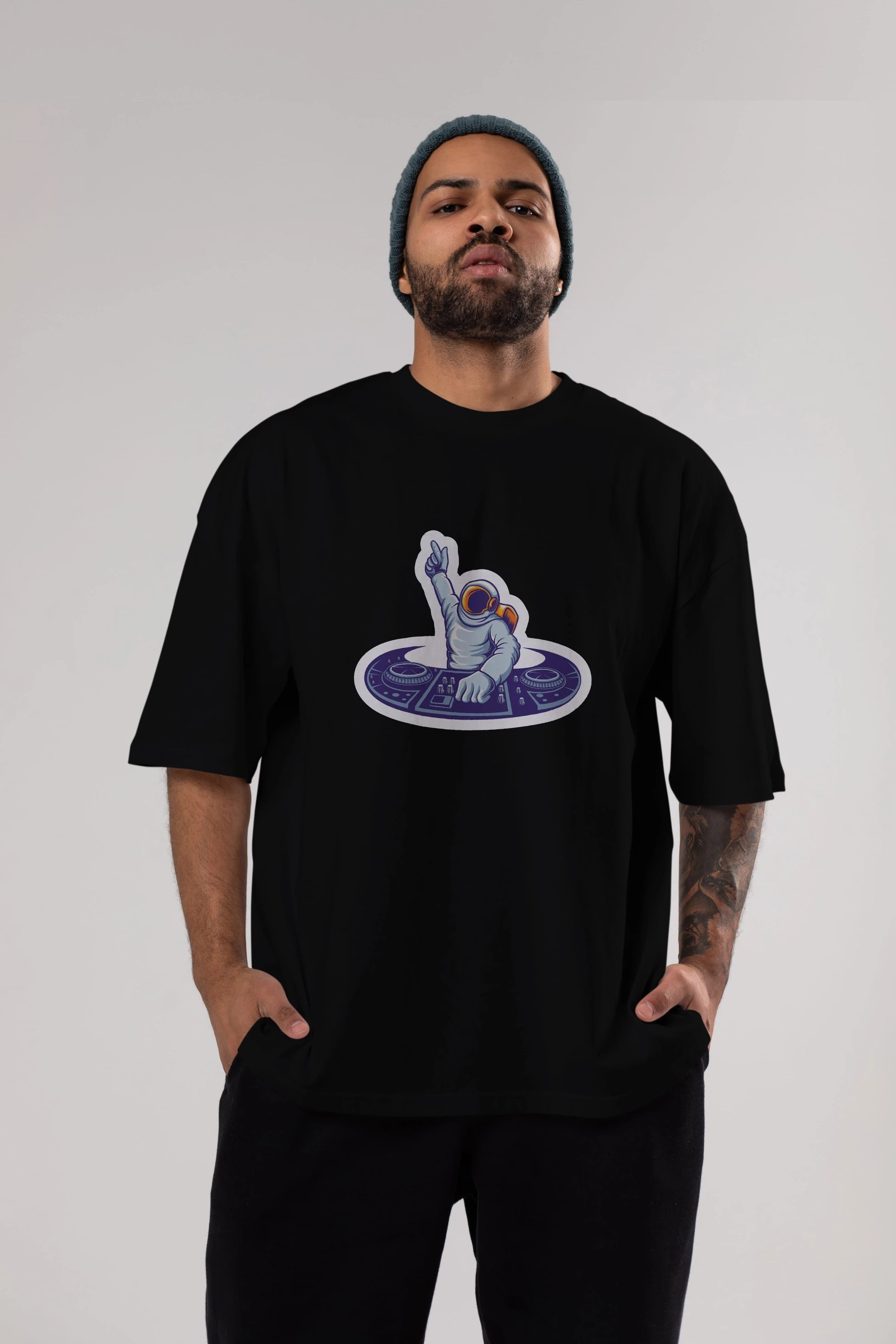 Astronaut Disk Jockey Party Sticker Ön Baskılı Oversize t-shirt Erkek Kadın Unisex
