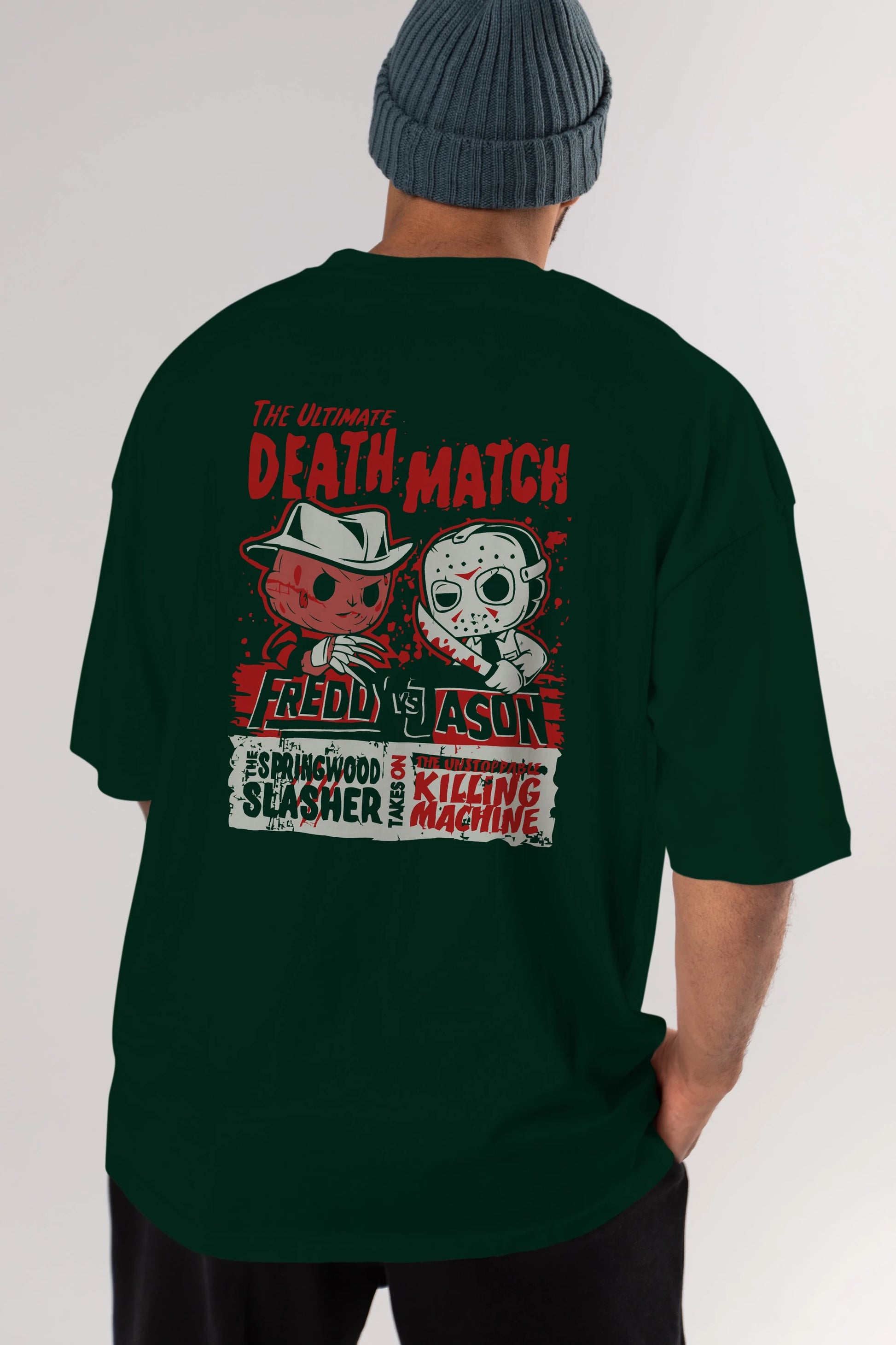 Freddy vs Jason Arka Baskılı Oversize t-shirt Erkek Kadın Unisex %100 Pamuk Bisiklet Yaka tişort