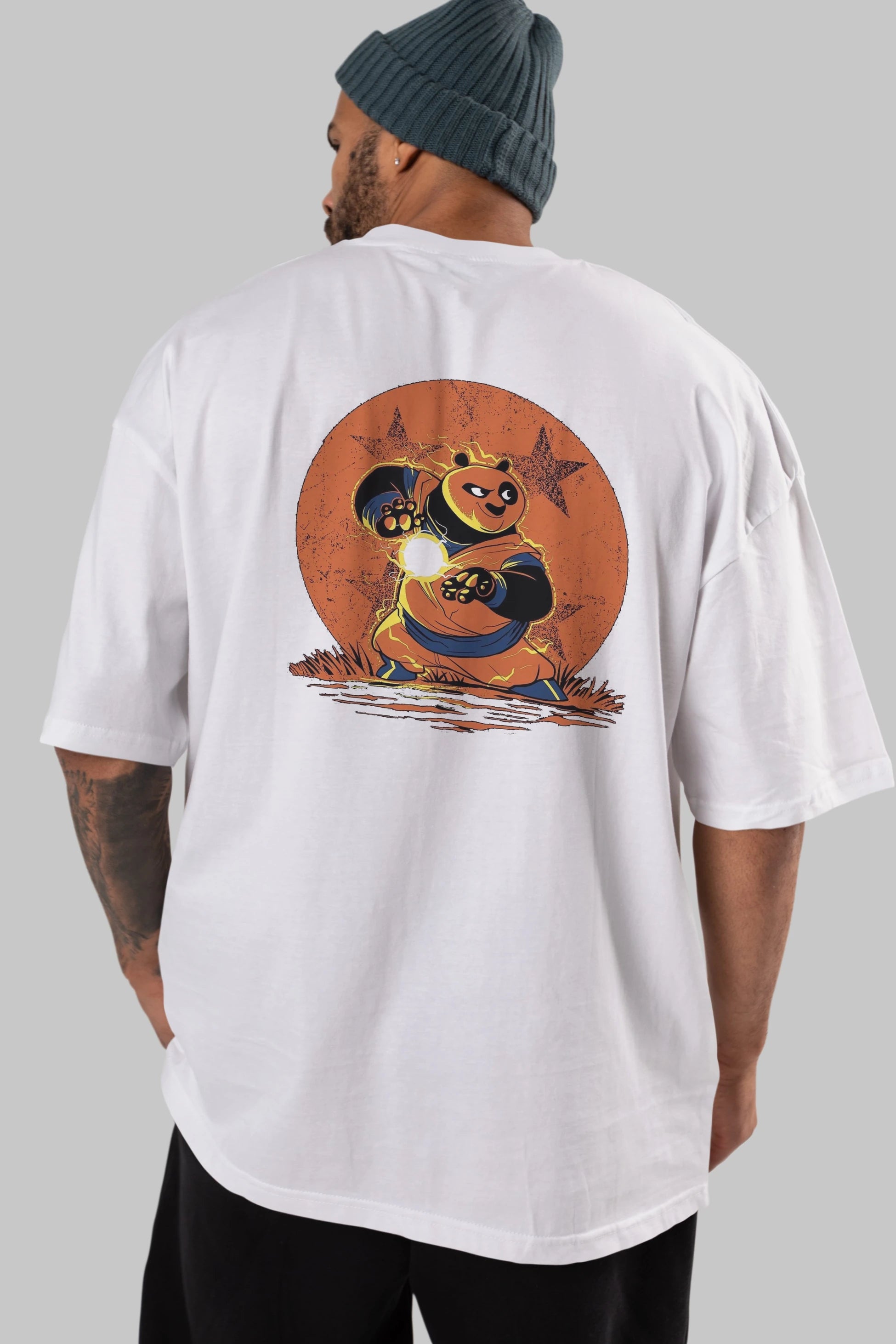 Kung Fu Panda Arka Baskılı Oversize t-shirt Erkek Kadın Unisex %100 Pamuk Bisiklet Yaka tişort