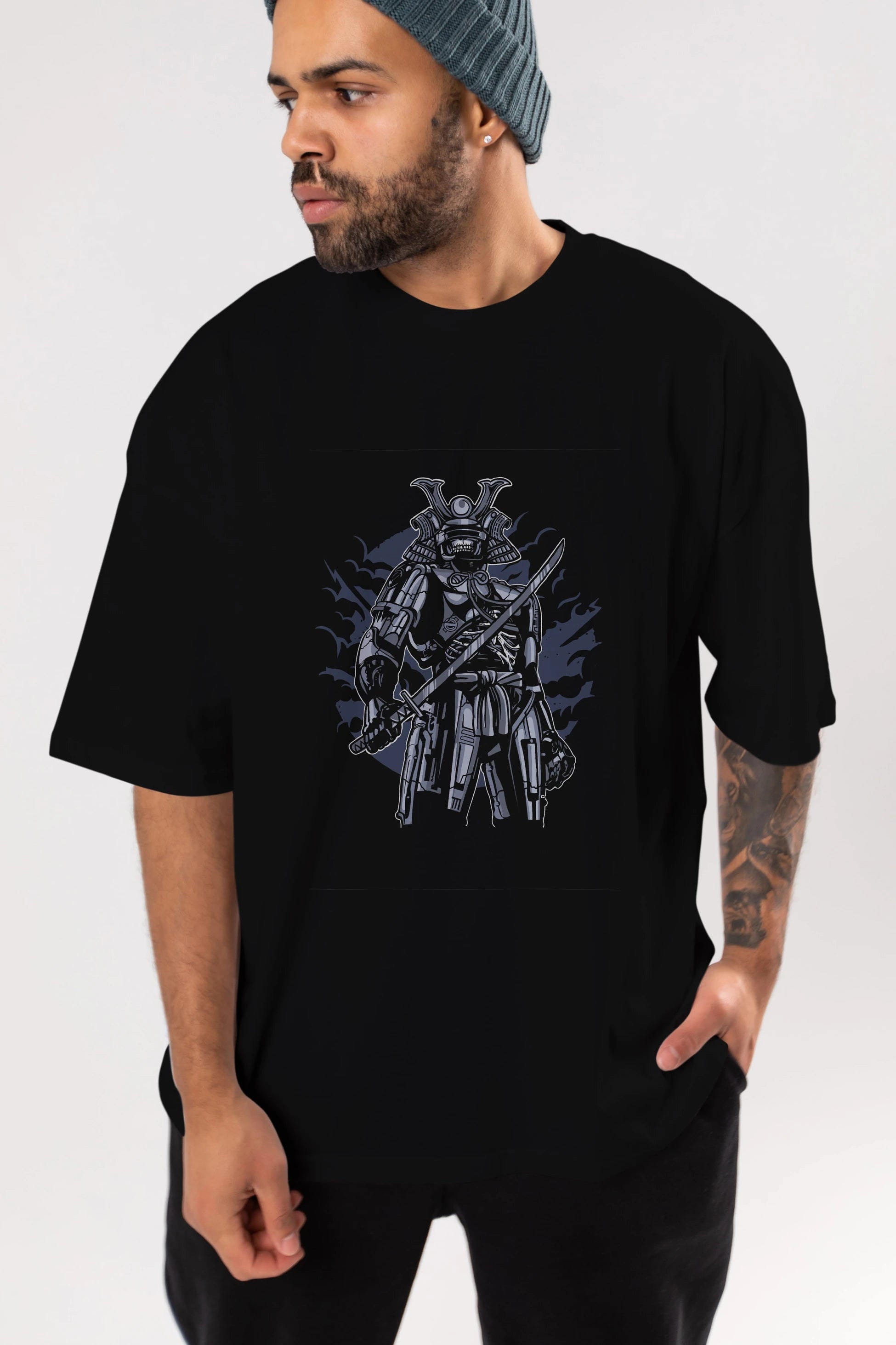 Samurai Robot Skull Ön Baskılı Oversize t-shirt Erkek Kadın Unisex %100 Pamuk tişort