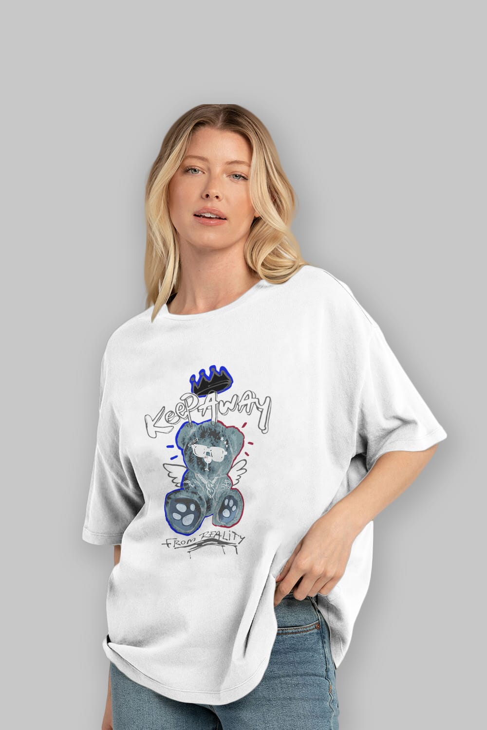 Keep Away Bear Ön Baskılı Oversize t-shirt Erkek Kadın Unisex